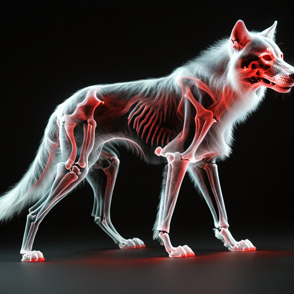 ((wolf skeleton with translucent red fur)) ((4 wolfs standing)) ((translusent skeleton wolfs)) 