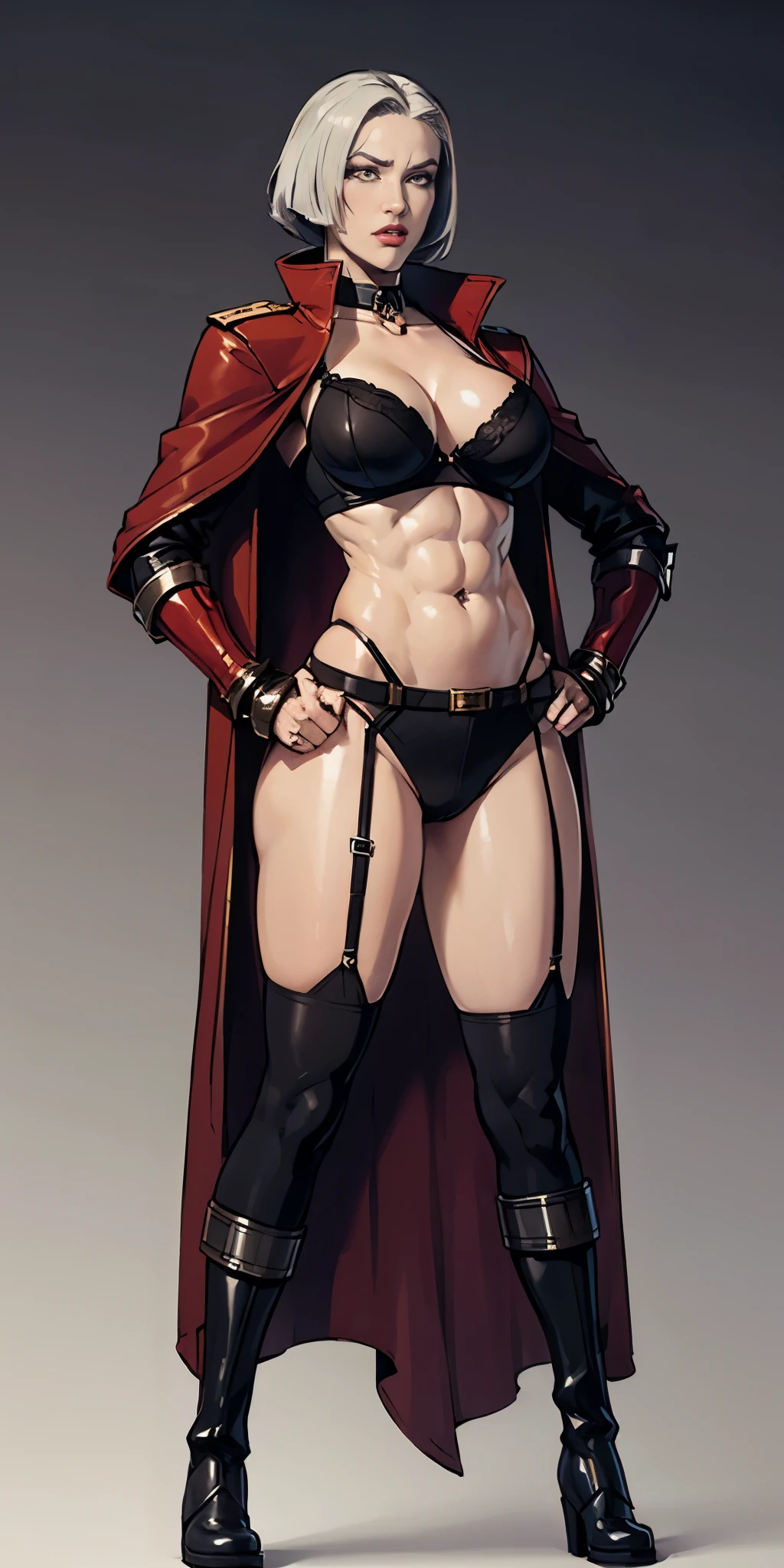 ((Plain background 1:2)) (Cammy White Street Fighter white silver short bob haircut) Female full body standing straight symmetrical looking to the viewer RED full body armored (handcuffs, shackles, rerebrace, faulds, poleyn, gauntlets, leather collar choker, gloves, gauntlets, high boots bootstraps, black stockings) 2 crossing big belt under belly button, navel, abs, garter straps belts attaching bra ((hands on hips)) view from below, wide hips - choppy bangs, arched crescent eyebrows, sharp and determined eyes, a delicate oval face, a serious expression, a fantasy-style dark green military coat, draped with a dark red cloak, leather combat boots, silver greaves leggings, this character embodies a finely crafted fantasy style female military officer in anime style, exquisite and mature manga art style, pale skin, big breast knockers cleavage,
