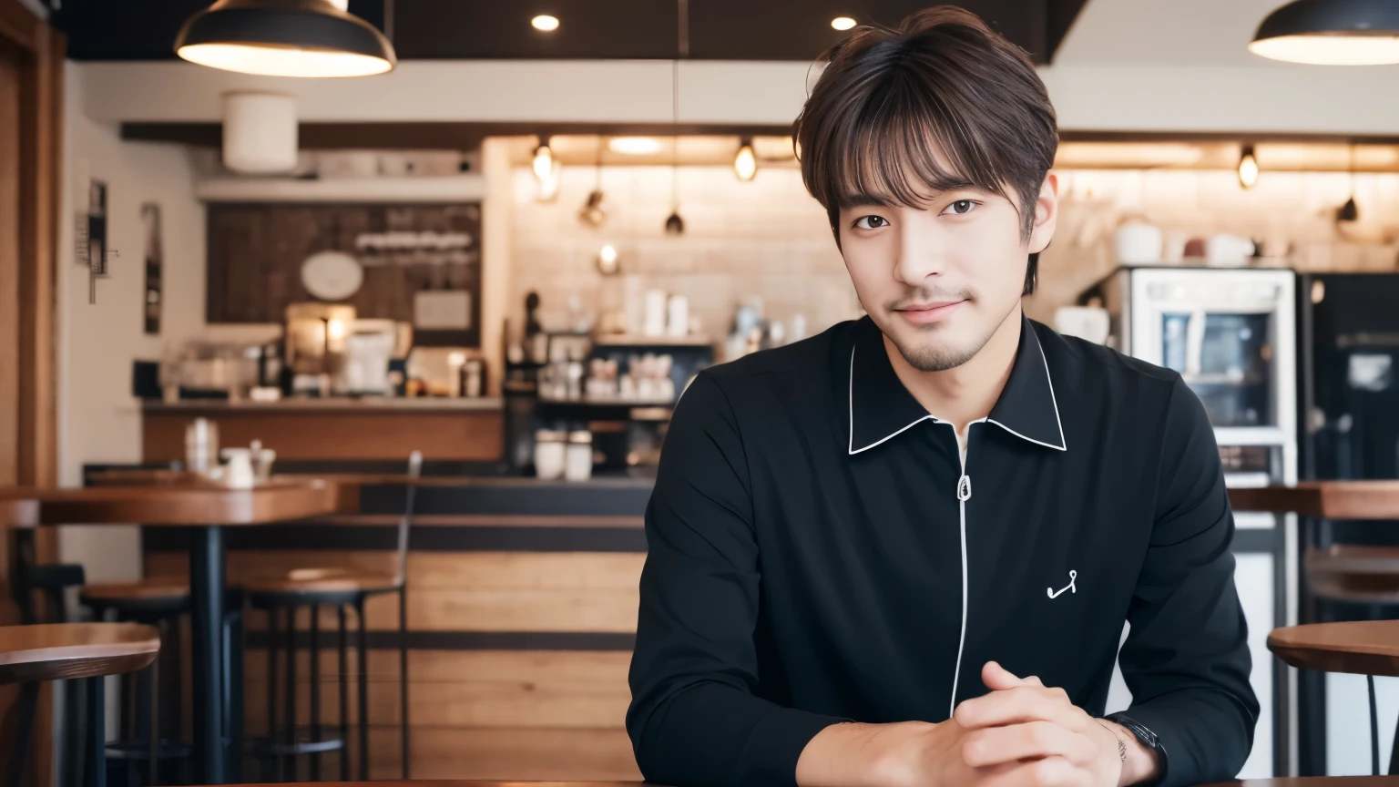 musician、A refreshing, handsome man in his 40s、(Super cool S-class guy)、Japanese Male, 40 years old、、Photographed inside the cafe、a handsome guy、(CG Unity 8K high resolution photo)、(Very detailedSクラスのa handsome guy性)、(Realistic)、(highest quality))、Very detailed、super high quality、expensive、audience、kind person、Very beautiful hair Perm Hair、Bright photo、Handsome like a model、Handsome like an idol、Looking at the camera、inside a stylish cafe、Stubble