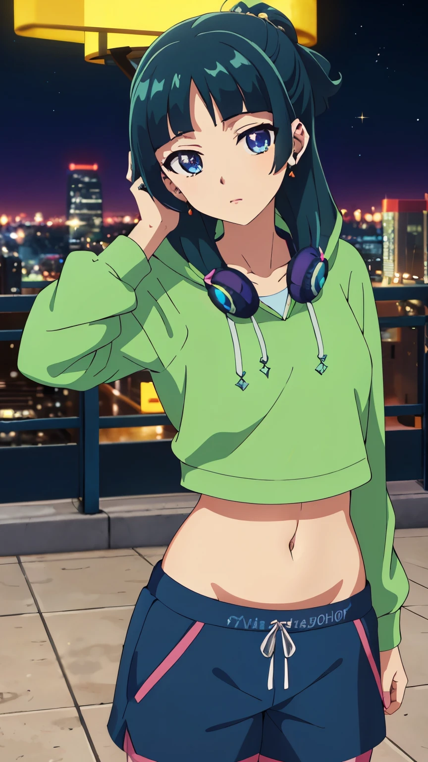 Top quality (8k, high resolution, masterpiece: 1.2), super detailed, anime art style, dynamic angle, teen style, (Hip hop dancer style, headphones hanging around the neck, shorts, hooded sweatshirt, colored shirt, navel, city, night), detailed green hair, detailed blue eyes, intricate hairstyle, long hair , slim body, sparkling eyes, youthful, hair accessories, earrings, half-updo, slightly dull bangs, detailed lighting, bright colors, looking at the viewer, in the center of the image, cowboy shot,