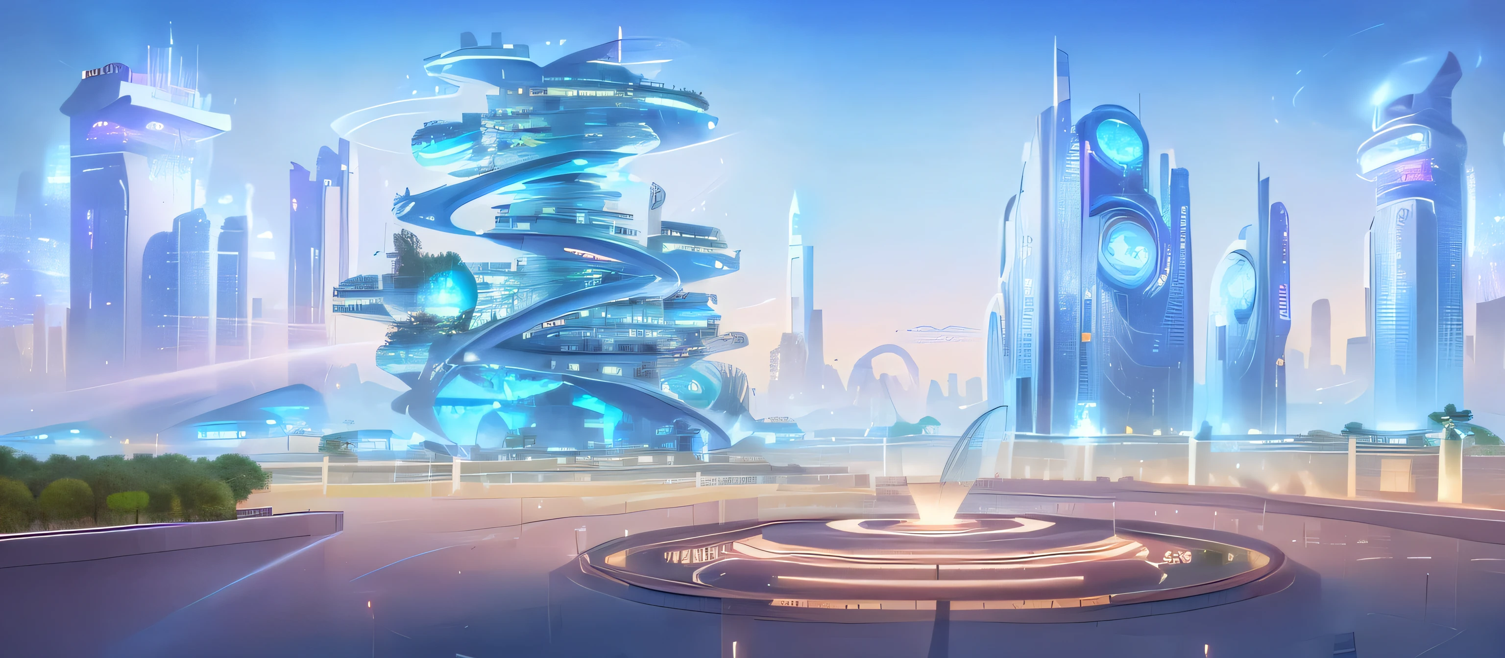 Futuristic city with spiral staircase and fountain in the middle, Future city background, Cybernetic city background, Future city background, Future city in the background, Future city background, A vision of the city of the future, Future Cityscape, Future Utopian City, Future utopian metropolis, Future Cityscape, The metropolis of the future, Future Environment, Future Cityscape