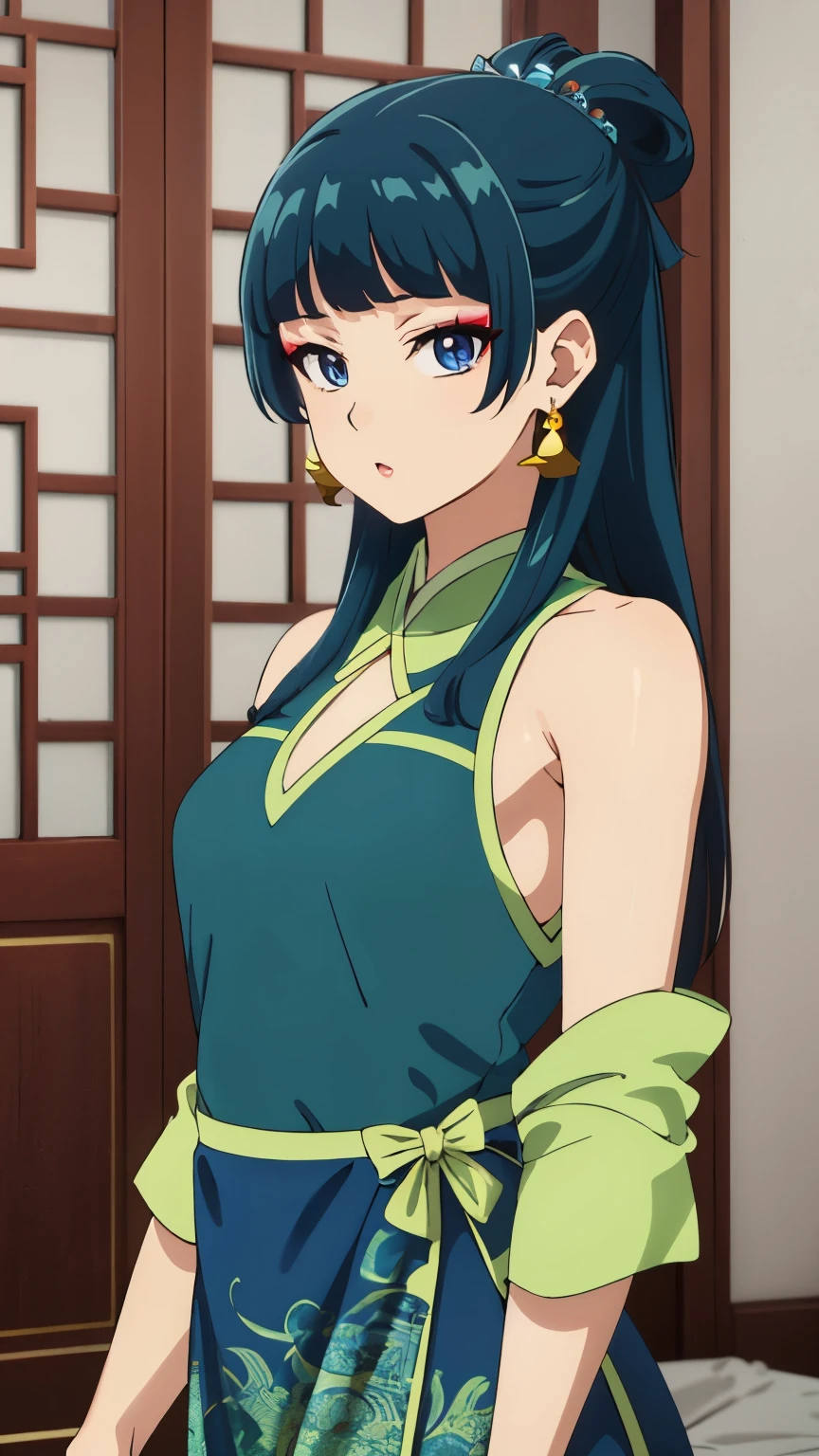 Top quality (8k, high resolution, masterpiece: 1.2), super detailed, anime art style, dynamic angle, teen style, (Chinese dress, exposed shoulders, makeup, earrings,, indoor,), detailed green hair, detailed blue eyes, intricate hairstyle, long hair , slim body, sparkling eyes, youthful, hair accessories, earrings, half-updo, slightly dull bangs, detailed lighting, bright colors, looking at the viewer, in the center of the image, cowboy shot,