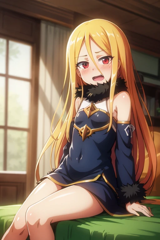 ((highest quality)), ((masterpiece)), (be familiar with), Perfect Face, indoor, Bedroom, Watching the audience,
One woman, Evil Eye,
Open Mouth, Ecstatic expression, blush, smile,
Small breasts, Flat Chest, Young Girl, , , Girl,
Long Hair, Golden Hair, Red eyes, Long Hair,
Leg spread,