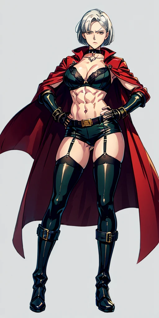 ((Plain background 1:2)) (Cammy White Street Fighter white silver short bob haircut) Female full body standing straight symmetrical looking to the viewer RED full body armored (handcuffs, shackles, rerebrace, faulds, poleyn, gauntlets, leather collar choker, gloves, gauntlets, high boots bootstraps, black stockings) 2 crossing big belt under belly button, navel, abs, garter straps belts attaching bra ((hands on hips)) view from below, wide hips - choppy bangs, arched crescent eyebrows, sharp and determined eyes, a delicate oval face, a serious expression, a fantasy-style dark green military coat, draped with a dark red cloak, leather combat boots, silver greaves leggings, this character embodies a finely crafted fantasy style female military officer in anime style, exquisite and mature manga art style, pale skin, big breast knockers cleavage,