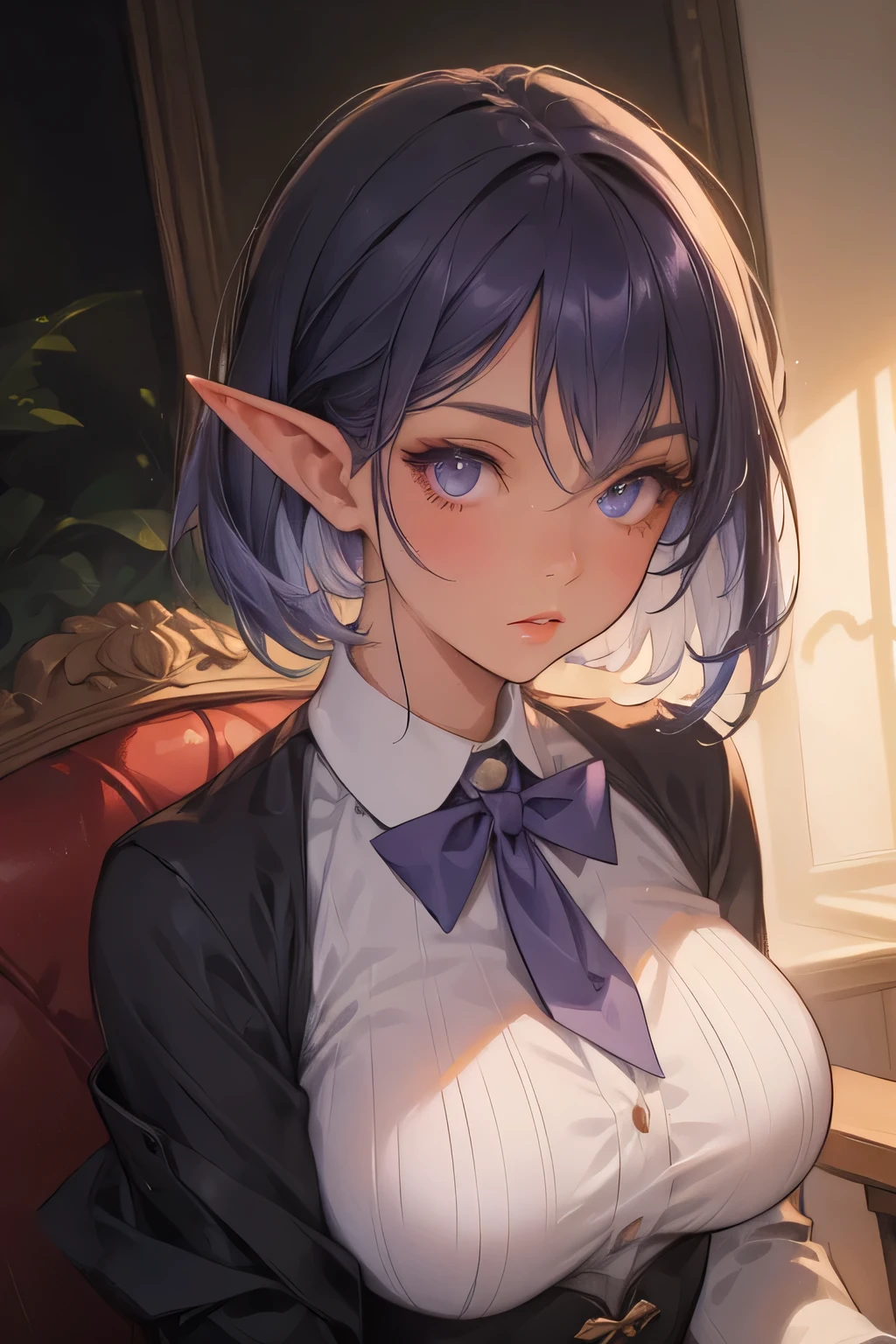 Woman, 30s, Dark Elf, Dark skin, White eyes, Dark purple hair, Short hair, Pointy ears, ELF, secretary, milf