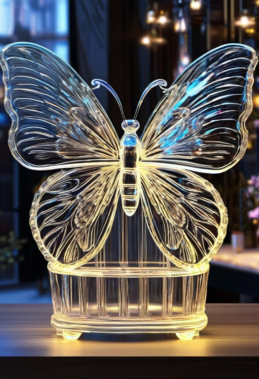 3D transparent ice sculpture, (Basket butterfly with gorgeous wings),flashing basket lights, Luminous particles,Practical,Very detailed art masterpiece HD