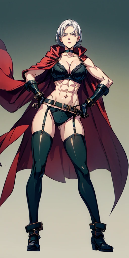 ((Plain background 1:2)) (Cammy White Street Fighter white silver short bob haircut) Female full body standing straight symmetrical looking to the viewer RED full body armored (handcuffs, shackles, rerebrace, faulds, poleyn, gauntlets, leather collar choker, gloves, gauntlets, high boots bootstraps, black stockings) 2 crossing big belt under belly button, navel, abs, garter straps belts attaching bra ((hands on hips)) view from below, wide hips - choppy bangs, arched crescent eyebrows, sharp and determined eyes, a delicate oval face, a serious expression, a fantasy-style dark green military coat, draped with a dark red cloak, leather combat boots, silver greaves leggings, this character embodies a finely crafted fantasy style female military officer in anime style, exquisite and mature manga art style, pale skin, big breast knockers cleavage,