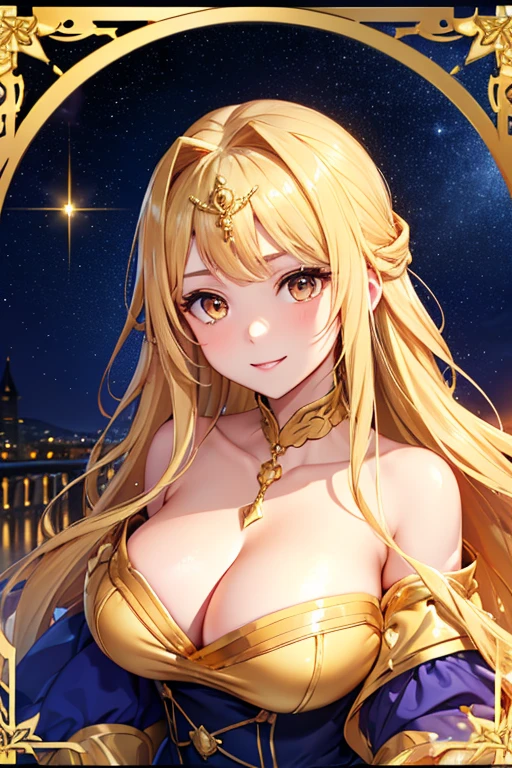 masterpiece、top-quality、(Blonde colored long hair、I have bangs:1.1)、(25 year old woman)、 (gold eyes:1.5)、(Big round eyes:1.5)(wearing a gold off-shoulder dress:1.2)、(Emphasis on the chest:1.1)、(modest smile expression:1.3)、(Staring:1.5)、(Close-up of the subject's face:1.3)、standing、five perfect and beautiful fingers、place the camera over the subject、The background is the party venue、Bold composition、Upper body is shown、Alone、Gold bracelet、Gold necklace with blue gemstone、Gold Tiara、Open your mouth、(Curly Hair)、(Large Breasts:1.0)、Gold Collar、midnight、Starry Sky、Palace balcony、(Glowing Skin:1.2)