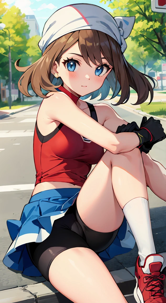 ,may \(pokemon\), bandana, shirt, skirt, bike shorts, gloves, fanny pack,1girl,bike shorts,brown hair,eyelashes,grey eyes,leg hold,looking at viewer,medium breasts,sleeveless shirt,red shirt,bike shorts under shorts,blue eyes,red hairband,white shortssolo,