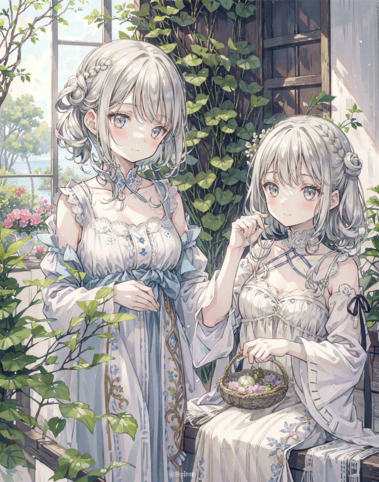 natural lighting, gentle smile, upturned cheeks, slightly shining silver gray hair, coquettish hair, half up do, silky luster, plants, flowers, spring ephemerals, atelier series, alchemist,