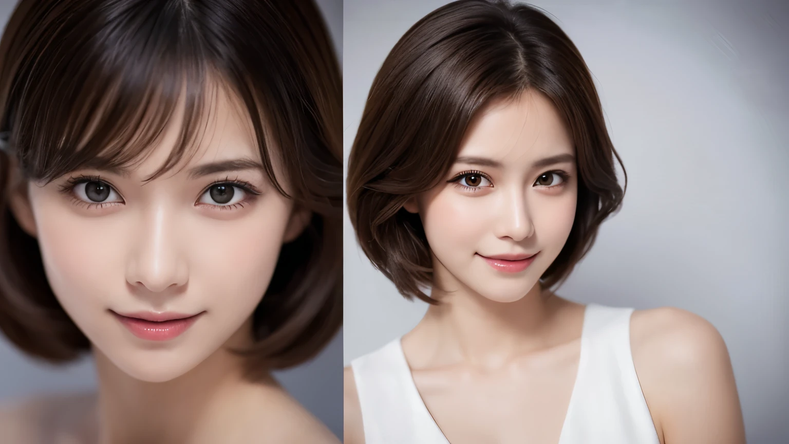 One Girl, (Dress in trendy fashion:1.2), (RAW Photos, highest quality), (Realistic, Photorealistic:1.4), Tabletop, Very delicate and beautiful, Very detailed, 2k wallpaper, wonderful, In detail, Very detailedな CG Unity 8K 壁紙, Very detailedな, High resolution, Soft Light, Beautiful detailed girl, looking at the camera、Very detailedな目と顔, Beautifully detailed nose, Beautiful fine details, short hair, small, Black Suit、White background、Background is white、Cinema Lighting, Perfect Anatomy, Slender body, smile,