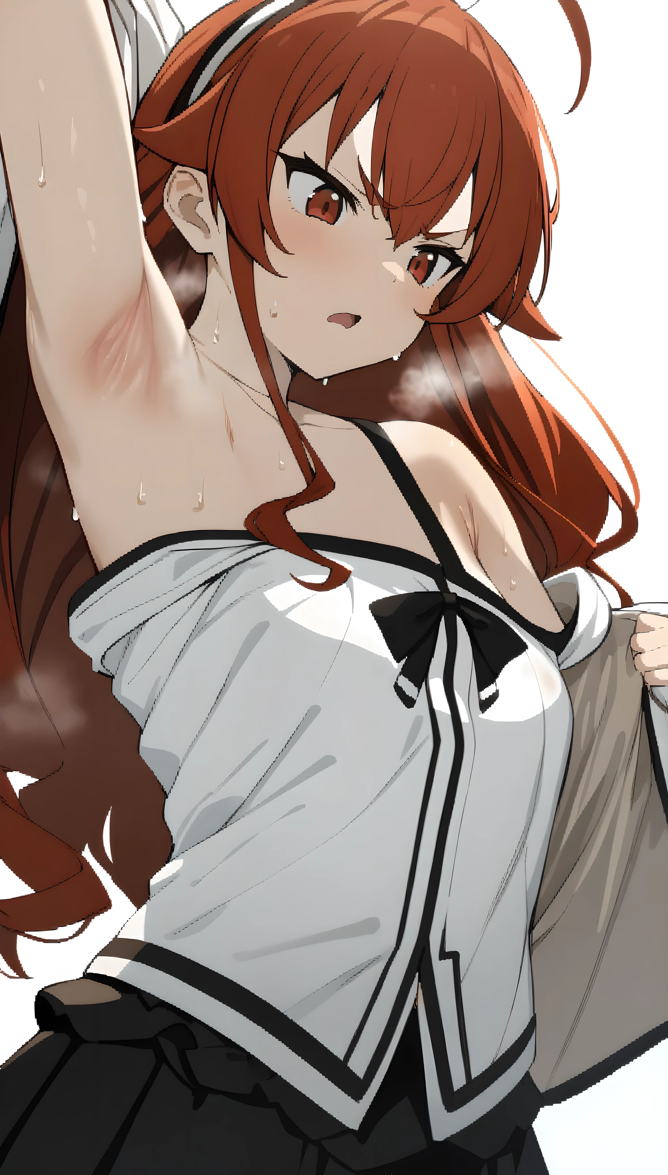 (masterpiece:1.2), hyper detail, best quality, (intricate_details:1.1), beautiful detailed, beautiful hair, solo, 1girl,Eris Greyrat,white jacket,cropped jacket,frilled skirt,black skirt,white shirt,((shirt half off shoulder)),sweating,heavy breathing,steam,frown,scowl,open mouth,young girl,((jacket half off shoulder)),shoulder,upper body,hand holding jacket,sweating,heavy breathing,steam,open jacket,greasy shoulder,from below,looking down,flipped hair,armpit,greasy armpit,from side, shoulder focus,wet clothes,((armpit focus)),bare shoulder,looking at armpit,pov,((long sleeves))