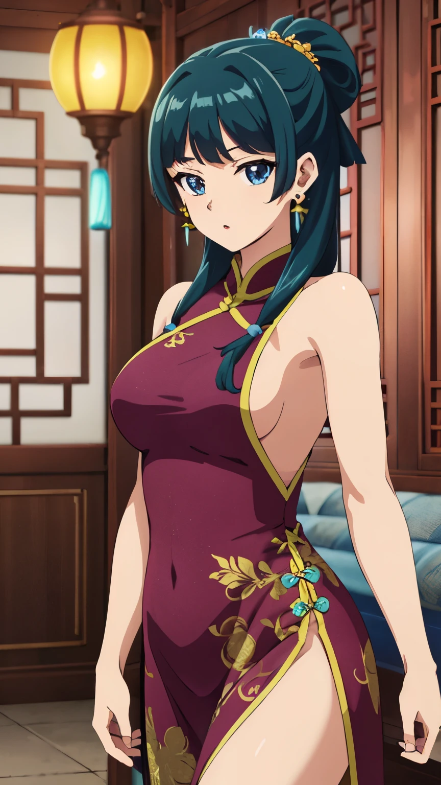 score_8_up, score_7_up, source_anime, best quality, clear face, Boa Hancock, black hair, blue eyes, long hair, forehead, large breasts, standing, looking at viewer, china dress, purple clothes, indoor, from above, smile, anime screencap