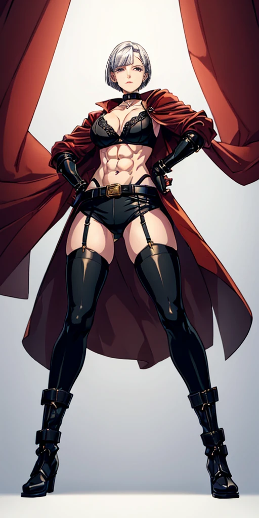 ((Plain background 1:2)) (Cammy White Street Fighter white silver short bob haircut) Female full body standing straight symmetrical looking to the viewer RED full body armored (handcuffs, shackles, rerebrace, faulds, poleyn, gauntlets, leather collar choker, gloves, gauntlets, high boots bootstraps, black stockings) 2 crossing big belt under belly button, navel, abs, garter straps belts attaching bra ((hands on hips)) view from below, wide hips - choppy bangs, arched crescent eyebrows, sharp and determined eyes, a delicate oval face, a serious expression, a fantasy-style dark green military coat, draped with a dark red cloak, leather combat boots, silver greaves leggings, this character embodies a finely crafted fantasy style female military officer in anime style, exquisite and mature manga art style, pale skin, big breast knockers cleavage,