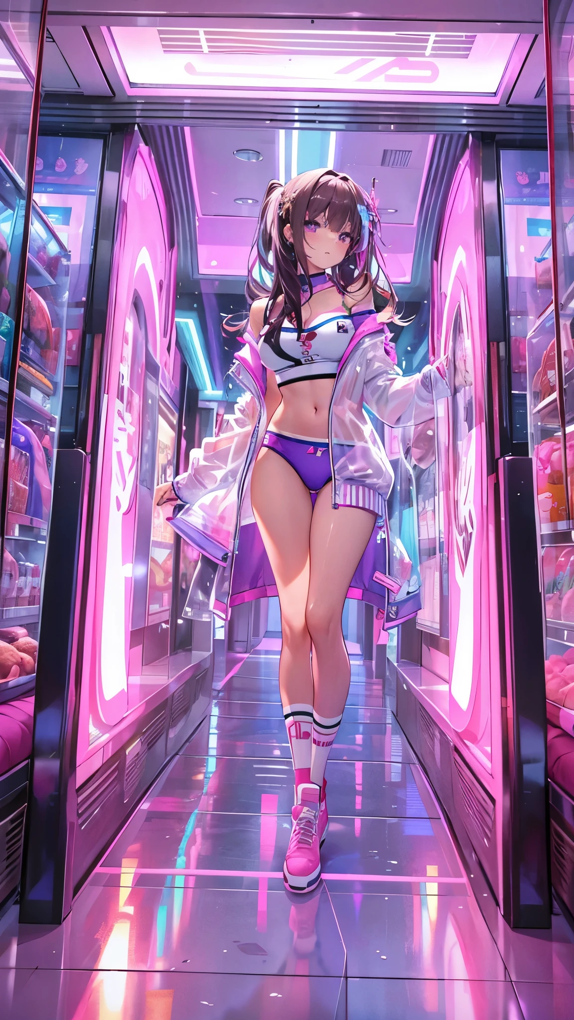 ((masterpiece)), highest quality, Absurd, Ultra-detailed, Holographic, Cowboy Shot, Golden Ratio, Super cute girl, Mature Woman, Idol Girl, Super beautiful Asian girl with very beautiful purple sparkling eyes, Beautiful shiny brown multicolored hair, High Ponytail, nice and sexy body, The body is slim, Perfect body, Super tight off shoulder long sleeve crop top with anime print, Very good condition transparent mini jacket, Beautiful hair ornaments, pink jordan tennis, Being photographed inside a shopping mall, Undressing, Showing off her neon pink panties, showing thong,