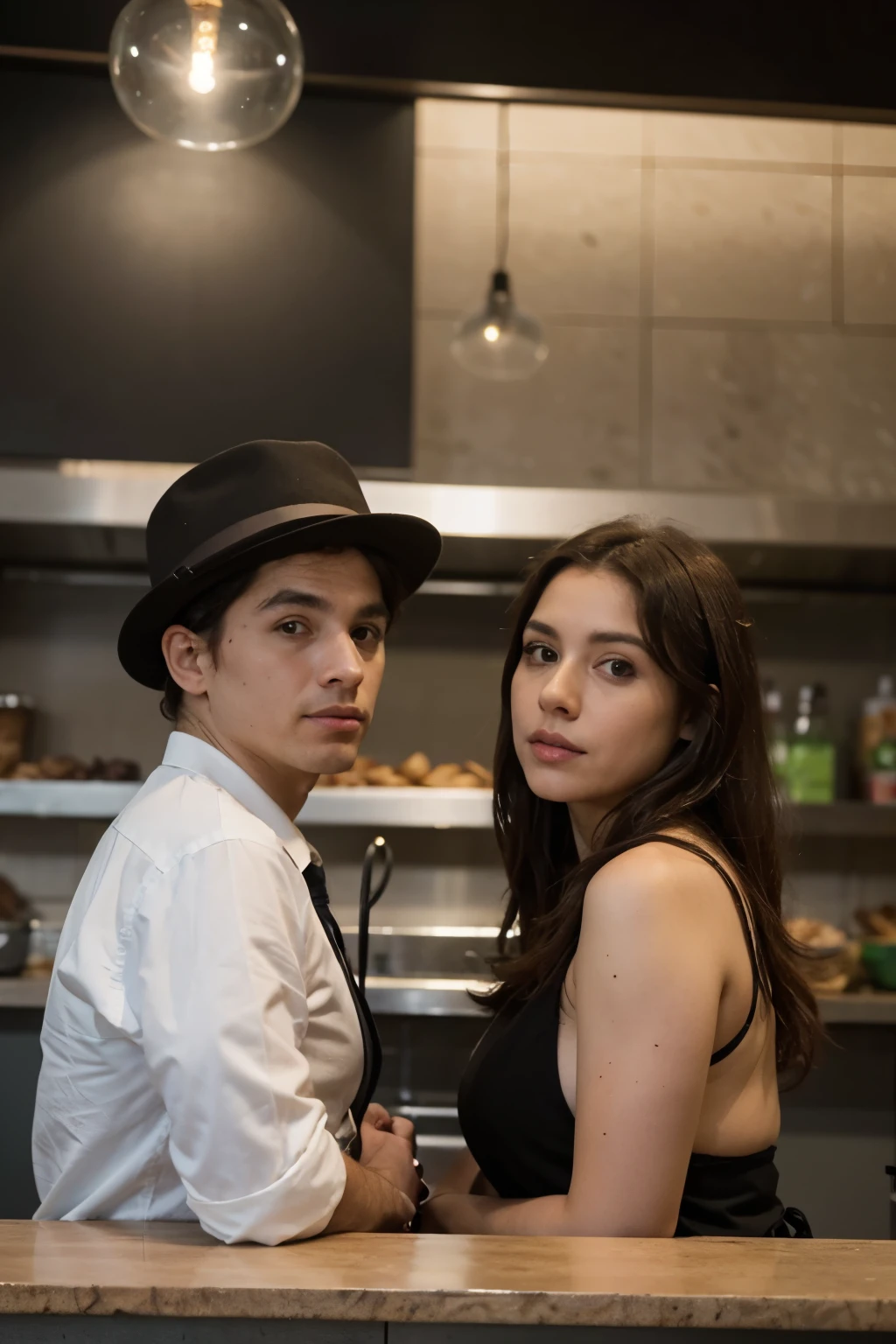 QUIERO UN DIBUJOS DE DOS DETECTIVES CON SOMBRERO EN UNA CAFETERIA Y AMBOS SE ESTAN SALUDANDO, ES DE NOCHE Y HAY LAMPARAS DE PUEBLO