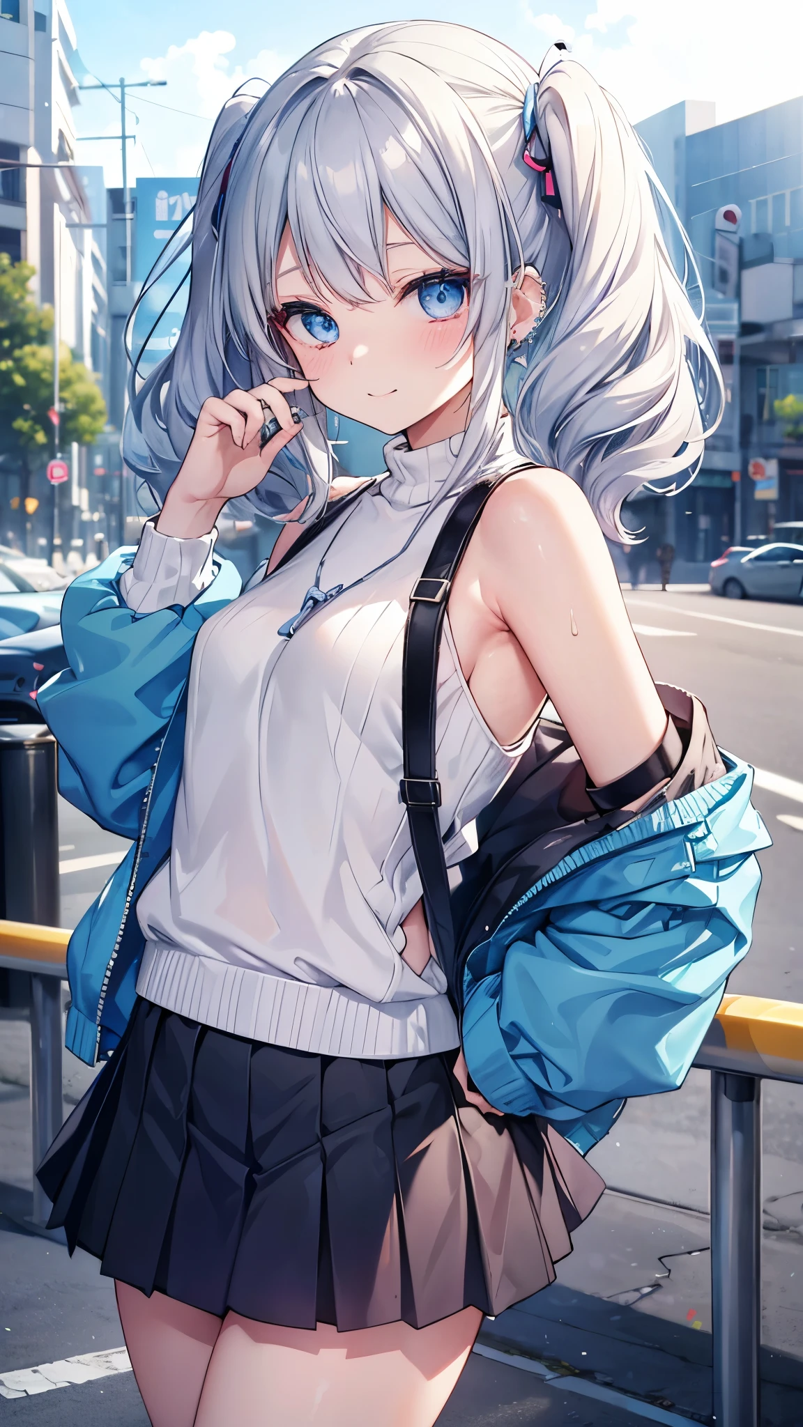 Silver-haired blue eyes、 girl、Small breasts、Twin tails、Laughter、Nico Nico Smile、Wink、 girl、Looks about 15 years old、Petan Musume、short、There are highlights on the eyes、Gal-like appearance、Wearing piercings、Knitted sweater, No sleeve, Bodyline, Underarm、mini skirt、The wind is blowing and my panties are showing through my skirt、It was so hot that I sweated、blue sky、Light and cute、Underarmを見せろ、Side view