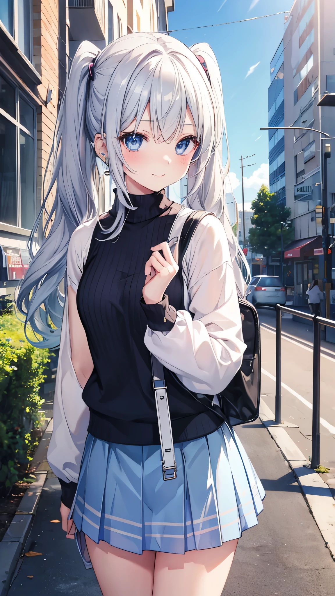 Silver-haired blue eyes、 girl、Small breasts、Twin tails、Laughter、Nico Nico Smile、Wink、 girl、Looks about 15 years old、Petan Musume、short、There are highlights on the eyes、Gal-like appearance、Wearing piercings、Knitted sweater, No sleeve, Bodyline, Underarm、mini skirt、The wind is blowing and my panties are showing through my skirt、It was so hot that I sweated、blue sky、Light and cute、Underarmを見せろ、Side view