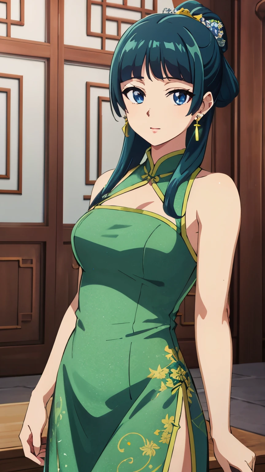 Top quality (8k, high resolution, masterpiece: 1.2), super detailed, anime art style, dynamic angle, teen style, (Chinese dress, exposed shoulders, earrings, indoor,), detailed green hair, detailed blue eyes, intricate hairstyle, long hair , slim body, sparkling eyes, youthful, hair accessories, earrings, half-updo, slightly dull bangs, detailed lighting, bright colors, looking at the viewer, in the center of the image, cowboy shot,