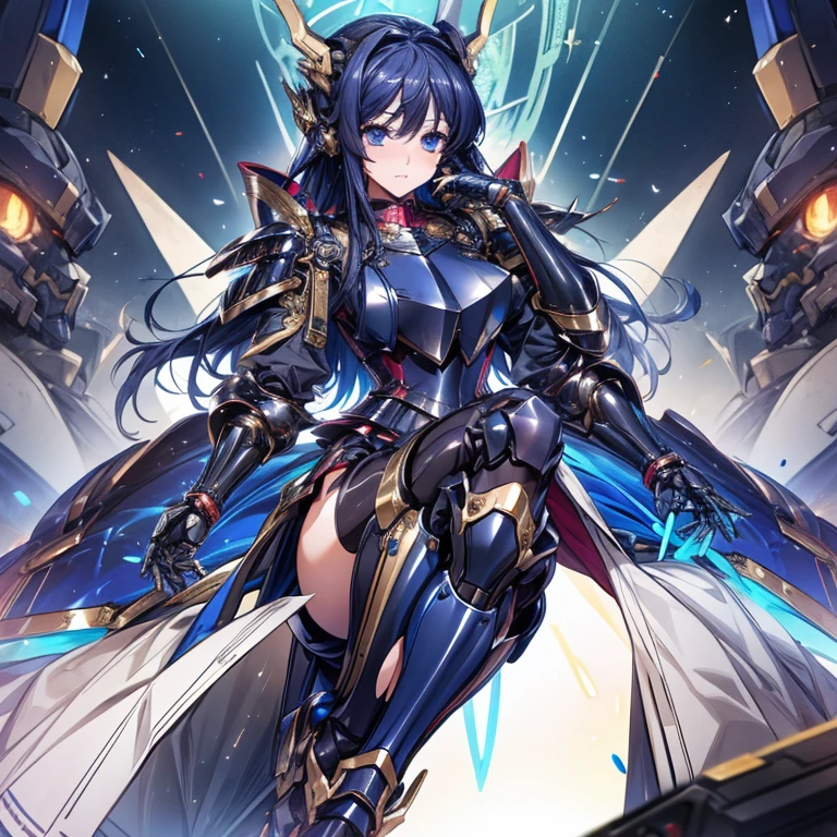 highest quality、unity 8k wallpaper、32k、masterpiece、Very detailed、Ultra-high resolution、Ultra-high resolution、Android Ryuuzouji Akane、Knights of the Blue Blood、Androidization、Robot Girl、Blue and white armor with dressy mechanical limbs、thigh、Big Breastecha musume、Machinery Parts、Super complexly expressedRobot Joints、Robot Joints、Robot Fingertips、Single Mechanical Arm、Mechanical Arm、headgear、headset、Detailed mechanical body、Mechanical corset covered with detailed armor.、Stiletto heels、Realistic and complex camera eye、A complex fusion of body and machine、Legs covered in white and blue armor、Robotic knee joint、Mechanically generated fingers、Eyes like a mechanical camera、Anatomically correct machine、The whole body is covered in machinery、Clad in blue and white armor、Beautiful posture、Princess Half-Up Hairstyle、(((Part of the thigh is flesh colored)))、