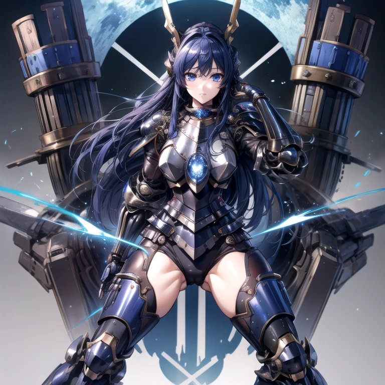 highest quality、unity 8k wallpaper、32k、masterpiece、Very detailed、Ultra-high resolution、Ultra-high resolution、Android Ryuuzouji Akane、Knights of the Blue Blood、Androidization、Robot Girl、Blue and white armor with dressy mechanical limbs、thigh、Big Breastecha musume、Machinery Parts、Super complexly expressedRobot Joints、Robot Joints、Robot Fingertips、Single Mechanical Arm、Mechanical Arm、headgear、headset、Detailed mechanical body、Mechanical corset covered with detailed armor.、Stiletto heels、Realistic and complex camera eye、A complex fusion of body and machine、Legs covered in white and blue armor、Robotic knee joint、Mechanically generated fingers、Eyes like a mechanical camera、Anatomically correct machine、The whole body is covered in machinery、Clad in blue and white armor、Beautiful posture、Princess Half-Up Hairstyle、(((Part of the thigh is flesh colored)))、