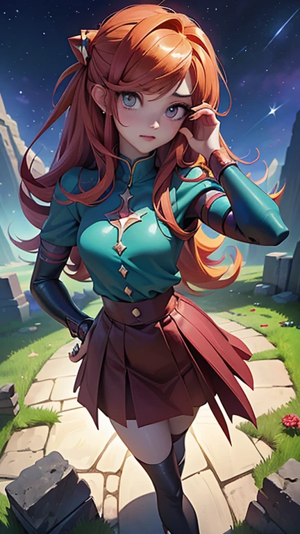 (calidad)), ((obra maestra)), (Aerial view),dynamic angle,ultra detallado, illustration, de cerca, directo, 1 chica, 
 ((Souryuu Asuka Langley, auriculares de interfaz, mono rojo 2.1) , rubio)),Her eyes shone like dreamer stars,(ojos brillantes:1.233),(ojos hermosos y detallados:1.1),(inexpresivo,boca cerrada),(de pie),
(piedras grandes:1.2),dreamer, [[dedos y manos delicados:0.55]::0.85],(detalle dedos),, (aztec background in ruins carnivorous plant 2.1), (ciberpunk 2.1) 