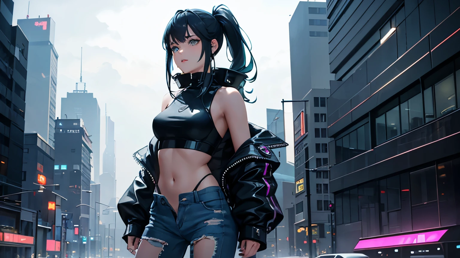 importing the scenery of a futuristic cyber city, surrounded by neon lights and holographic advertisements. The girl is standing on a rooftop, with the wind blowing through her hair. Her eyes are a vibrant, glowing blue, and she has a determined expression on her face. The cityscape behind her is filled with towering skyscrapers and flying cars. The atmosphere is filled with a sense of mystery and excitement. The girl's outfit is made of high-quality materials, reflecting a shiny and sleek texture. She is wearing a black off-shoulder jacket, a black crop top, and black short, unzipped jeans. The jacket has intricate details and is adorned with futuristic accessories, like glowing LED strips and metal studs. Her crop top has a holographic design that changes colors with her movement. The jeans have a worn-out look, with distressed details and patches of neon-colored fabric. The cyber city is bathed in a dark, moody color palette. The predominant colors are shades of blue, purple, and green, which are intensified by the neon lights illuminating the streets. The holographic advertisements flicker and change, creating a vibrant and dynamic atmosphere. The lighting in the scene is dramatic, with the neon lights casting a vibrant glow on the surroundings. There are stark contrasts between light and shadow, adding to the overall cyberpunk aesthetic. The girl's face is highlighted with soft, cool-toned lighting, emphasizing her features and adding depth to her expression. The image quality of the artwork is of the highest caliber, resembling a 4k or 8k resolution masterpiece. The level of detail is astonishing, capturing every intricate aspect of the scene. The rendering technique used is photorealistic, creating a sense of realism in the cyber cityscape. Overall, the prompt captures the essence of a cyberpunk girl in a futuristic city setting, with attention to detail in her outfit, the cityscape, the color palette, the lighting, and the overall image quality.