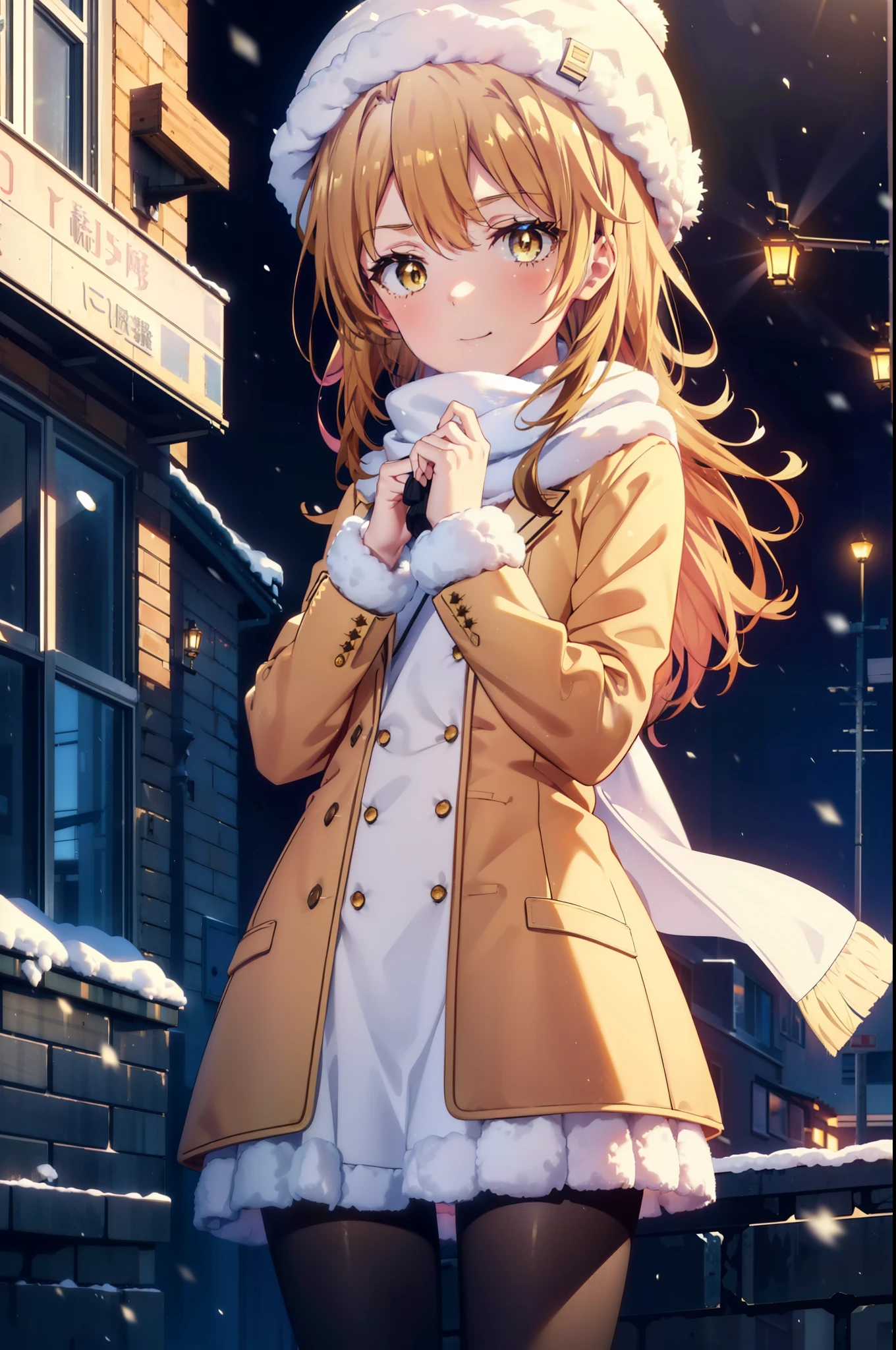 irohaisshiki, Iroha Isshiki, Long Hair, Brown Hair, (Brown eyes:1.5), Hair between the eyes, Pink Hair,happy smile, smile, Open your mouth,Knitted hat,Yellow coat,White scarf,White sweater,He has fluffy gloves on both hands..,Long skirt,Black pantyhose,short boots,Shirogane World,Snow is piled up,it&#39;s snowing,It&#39;s snowing,winter,Cold Sky,moonlight,full moon,night,
break looking at viewer, whole body, Upper Body,(Cowboy Shot:1. 5)
break outdoors, city,Building Street,
break (masterpiece:1.2), highest quality, High resolution, unity 8k wallpaper, (shape:0.8), (Fine and beautiful eyes:1.6), Highly detailed face, Perfect lighting, Highly detailed CG, (Perfect hands, Perfect Anatomy),