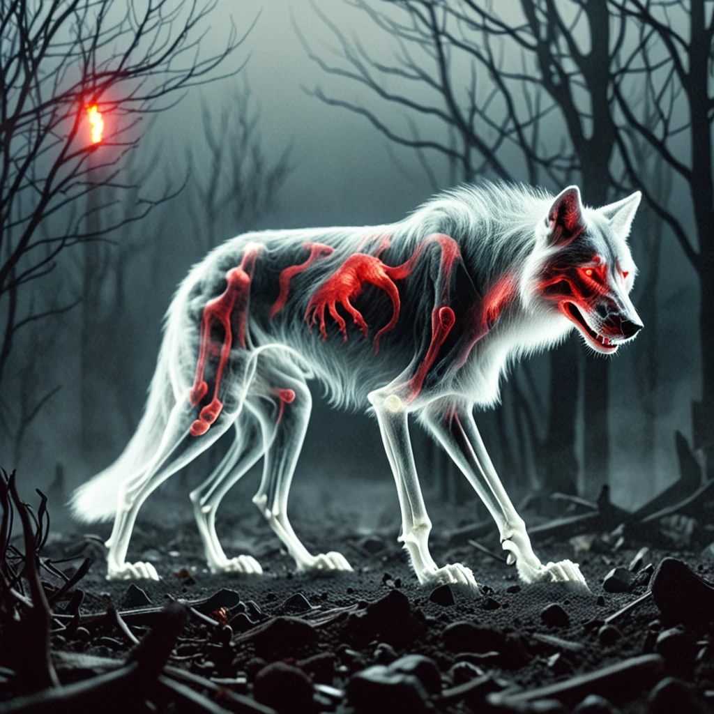 ((wolf skeleton with translucent red fur)) ((4 wolfs standing)) ((translusent skeleton wolfs)) ((pack of translucent wolfs with black skeleton)) a pack of wolves, translucent fur and skin stand out in the night with black skeletons glowing white eyes