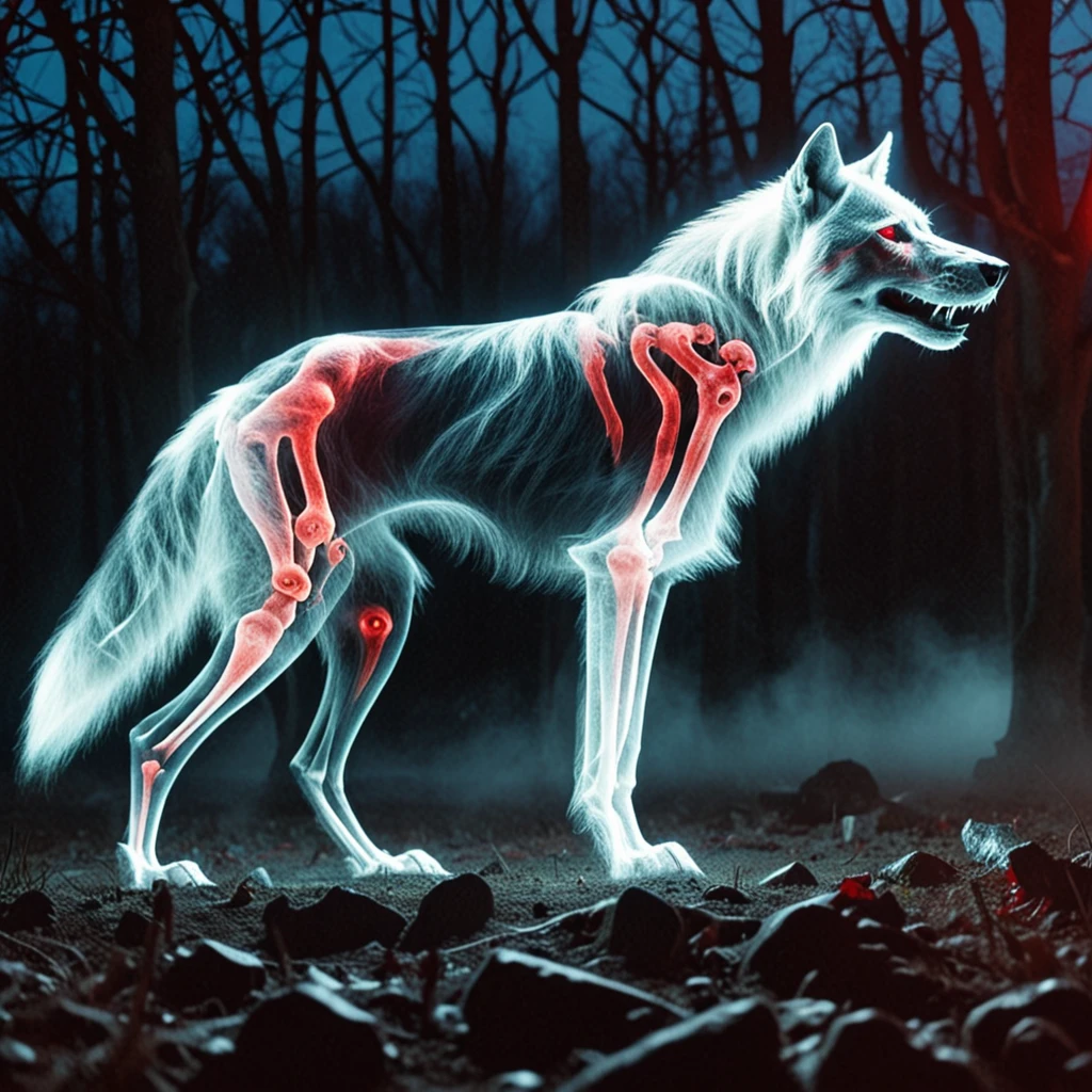 ((wolf skeleton with translucent red fur)) ((4 wolfs standing)) ((translusent skeleton wolfs)) ((pack of translucent wolfs with black skeleton)) a pack of wolves, translucent fur and skin stand out in the night with black skeletons glowing white eyes