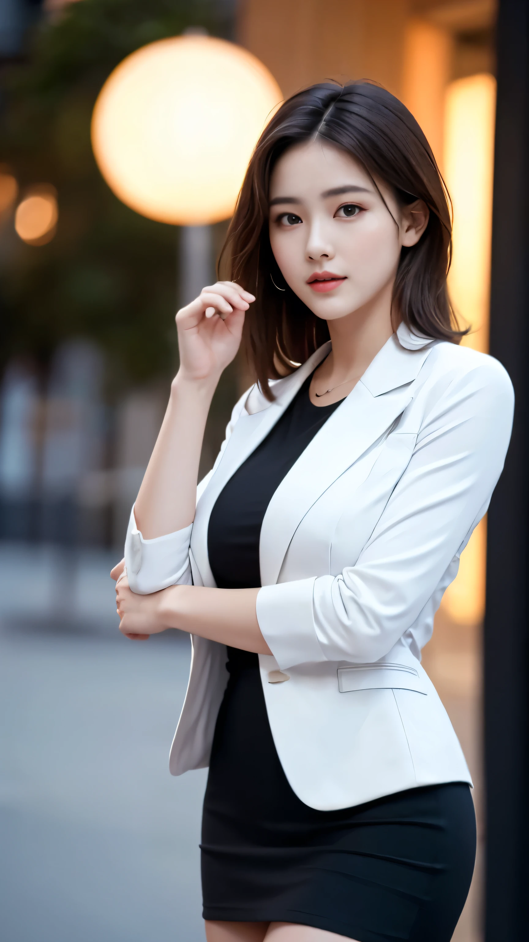 best quality, masterpiece, 1girl, Beautiful face, (photo realistic:1.3), rim lighting, (high detailed skin:1.2), 8k uhd, dslr, high quality, high resolution, 4k, 8k, Bokeh, absurdres, best ratio four finger and one thumb, (realistic:1.3), cute 1girl, wearing black formal blazer, medium breasts, short skirt,