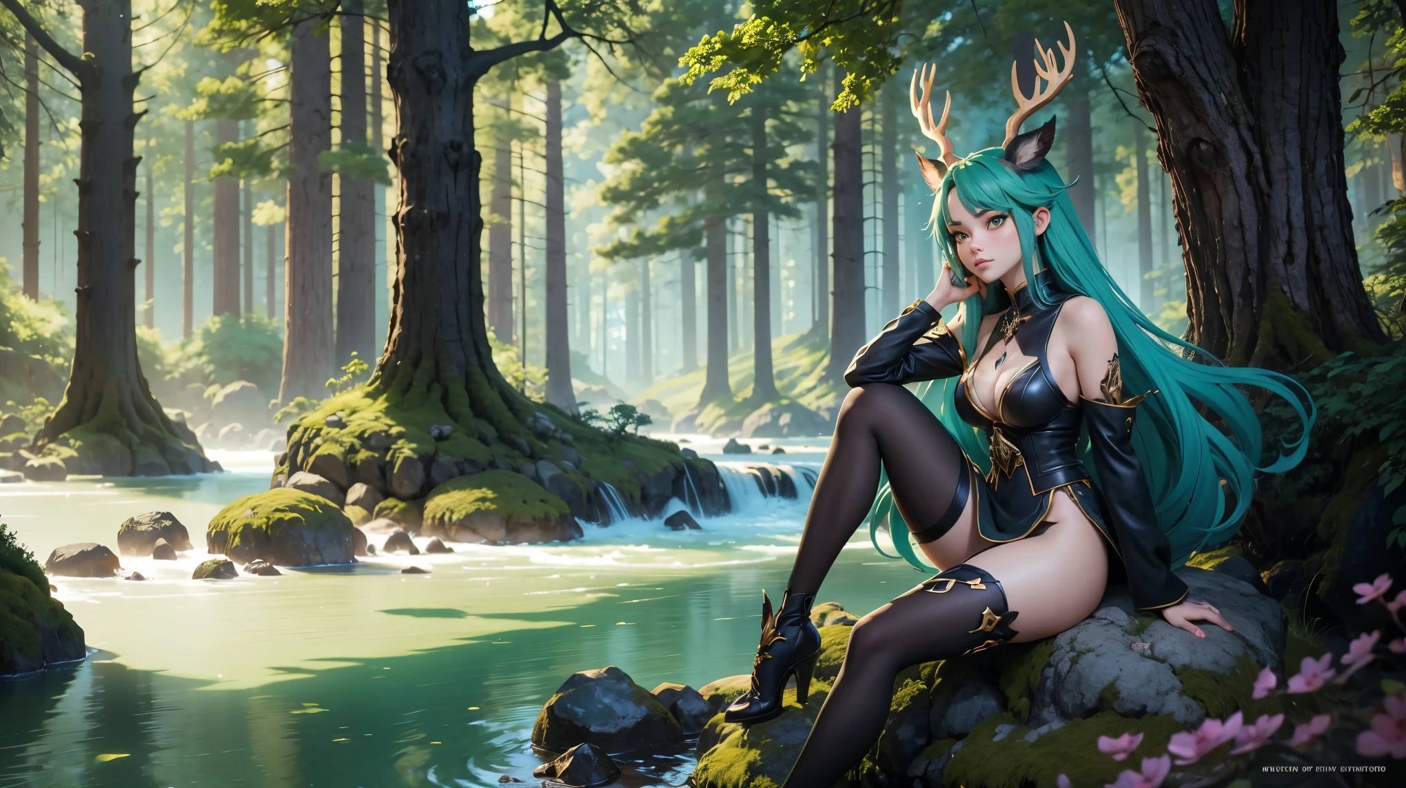 a woman with green hair and a deer antlers head sitting on a rock, beautiful face, stylized anime, forest soul, detailed digital anime art, anime fantasy illustration, digital anime art, digital anime illustration, anime fantasy artwork, anime styled digital art, anime in fantasy style, artwork in the style of guweiz, loish and wlop, anime lush john 8k woods