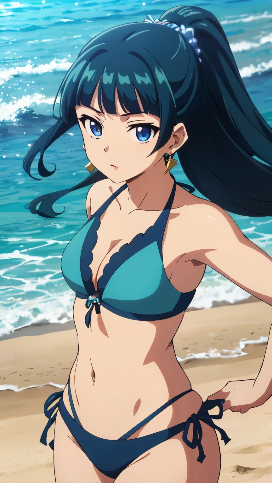 Top quality (8k, high resolution, masterpiece: 1.2), super detailed, anime art style, dynamic angle, style, (swimsuit, bikini, beach), detailed green hair, detailed blue eyes, intricate hairstyle, long hair , slim body, sparkling eyes, youthful, hair accessories, earrings, half-updo, slightly dull bangs, detailed lighting, bright colors, looking at the viewer, in the center of the image, cowboy shot,