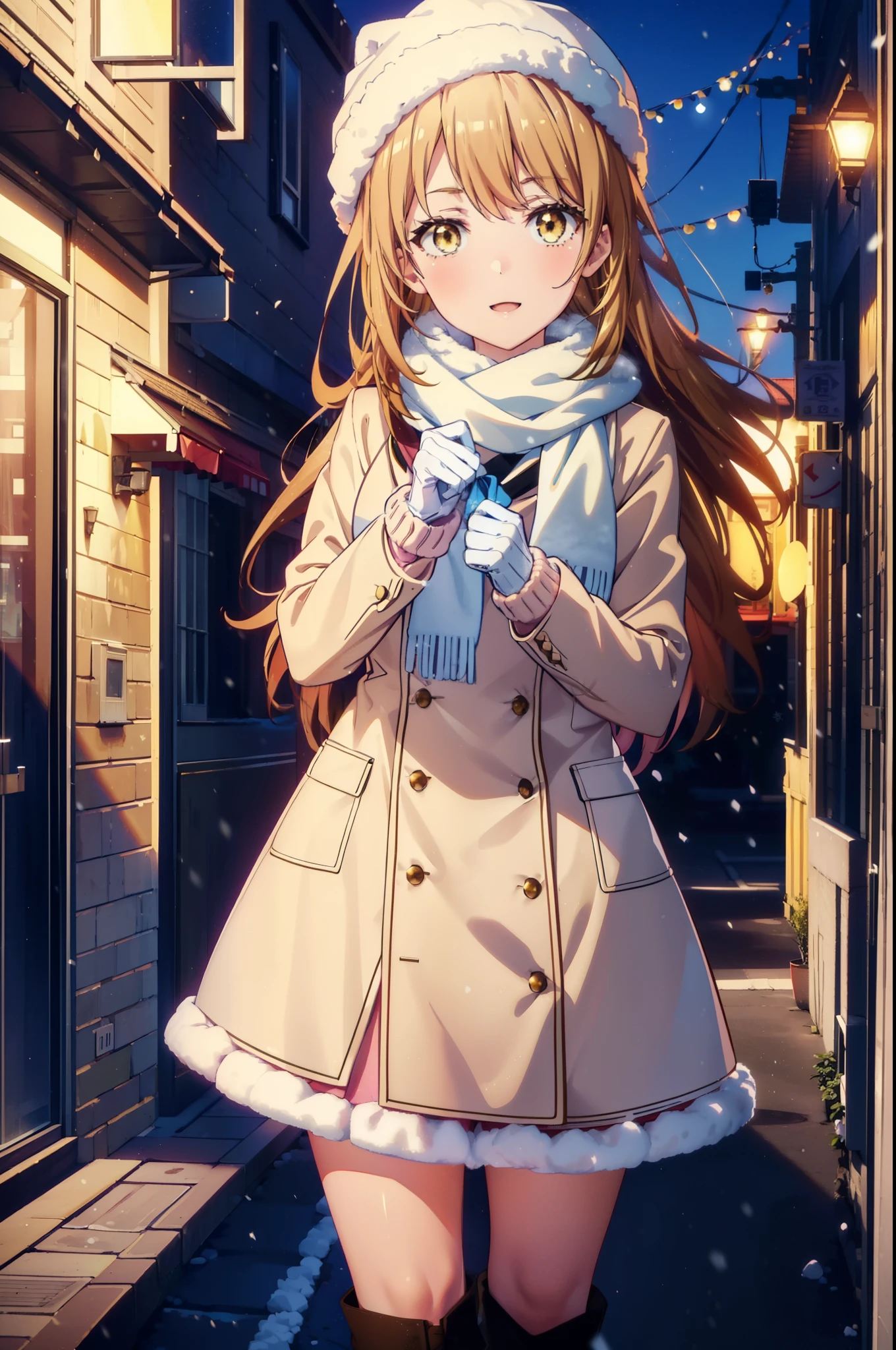 irohaisshiki, Iroha Isshiki, Long Hair, Brown Hair, (Brown eyes:1.5), Hair between the eyes, Pink Hair,happy smile, smile, Open your mouth,Knitted hat,Yellow coat,White scarf,White sweater,He has fluffy gloves on both hands..,Long skirt,Black pantyhose,short boots,Shirogane World,Snow is piled up,it&#39;s snowing,It&#39;s snowing,winter,Cold Sky,moonlight,full moon,night,
break looking at viewer, whole body, Upper Body,(Cowboy Shot:1. 5)
break outdoors, city,Building Street,
break (masterpiece:1.2), highest quality, High resolution, unity 8k wallpaper, (shape:0.8), (Fine and beautiful eyes:1.6), Highly detailed face, Perfect lighting, Highly detailed CG, (Perfect hands, Perfect Anatomy),