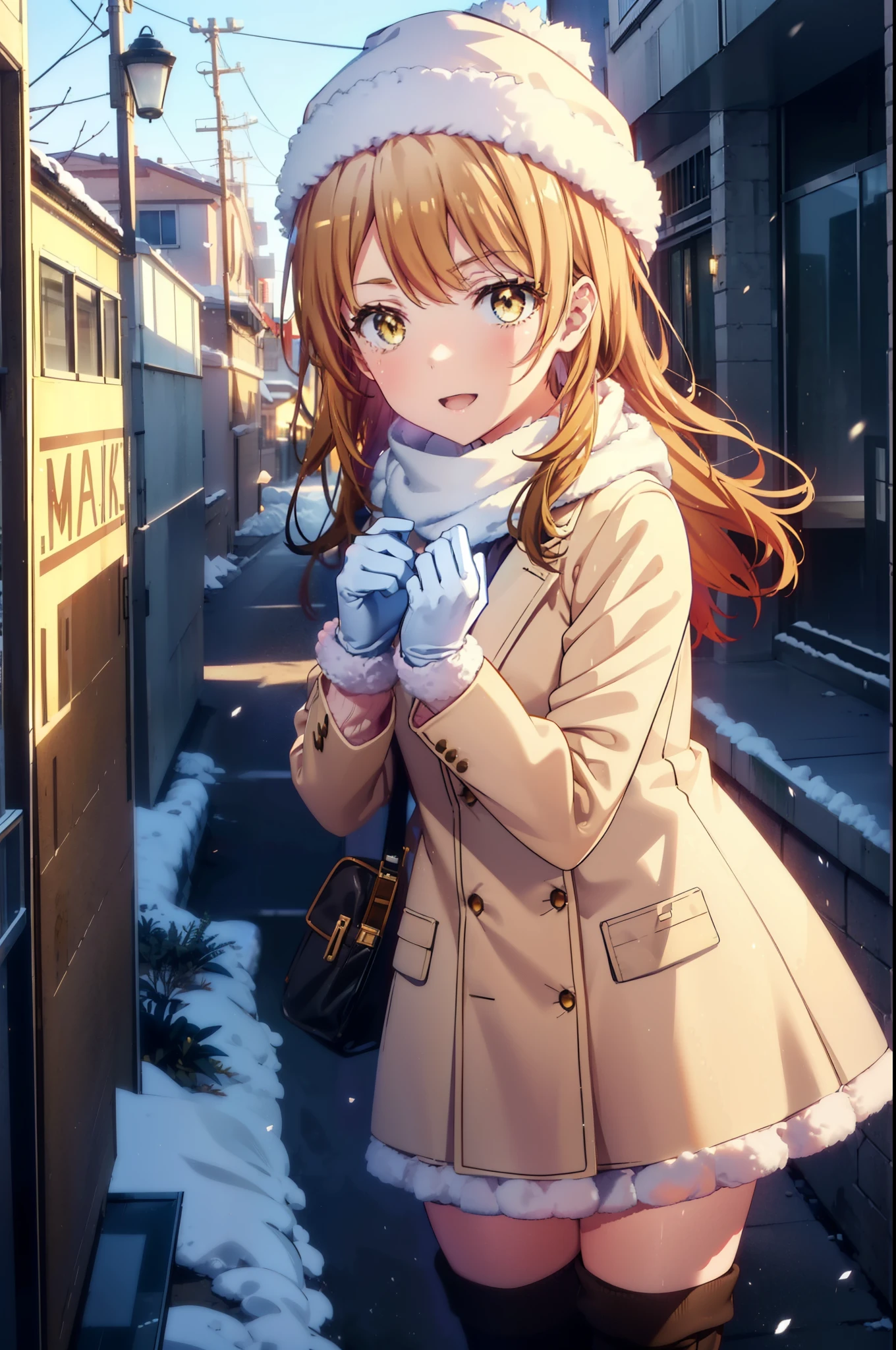 irohaisshiki, Iroha Isshiki, Long Hair, Brown Hair, (Brown eyes:1.5), Hair between the eyes, Pink Hair,happy smile, smile, Open your mouth,Knitted hat,Yellow coat,White scarf,White sweater,He has fluffy gloves on both hands..,Long skirt,Black pantyhose,short boots,Shirogane World,Snow is piled up,it&#39;s snowing,It&#39;s snowing,winter,Cold Sky,moonlight,full moon,night,
break looking at viewer, whole body, Upper Body,(Cowboy Shot:1. 5)
break outdoors, city,Building Street,
break (masterpiece:1.2), highest quality, High resolution, unity 8k wallpaper, (shape:0.8), (Fine and beautiful eyes:1.6), Highly detailed face, Perfect lighting, Highly detailed CG, (Perfect hands, Perfect Anatomy),