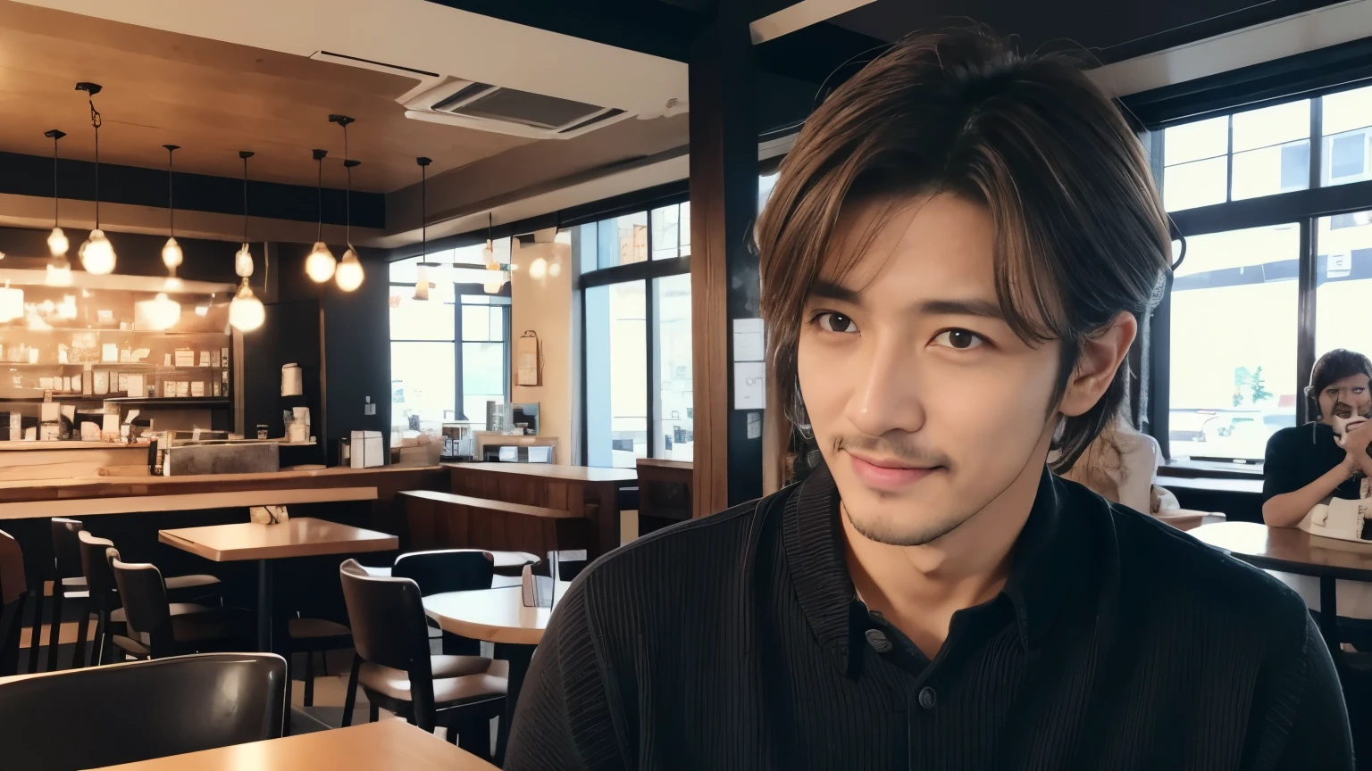 musician、A refreshing, handsome man in his 40s、(Super cool S-class guy)、Japanese Male, 40 years old、、Photographed inside the cafe、a handsome guy、(CG Unity 8K high resolution photo)、(Very detailedSクラスのa handsome guy性)、(Realistic)、(highest quality))、Very detailed、super high quality、expensive、audience、kind person、Very beautiful hair Perm Hair、Bright photo、Handsome like a model、Handsome like an idol、Looking at the camera、inside a stylish cafe、Stubble