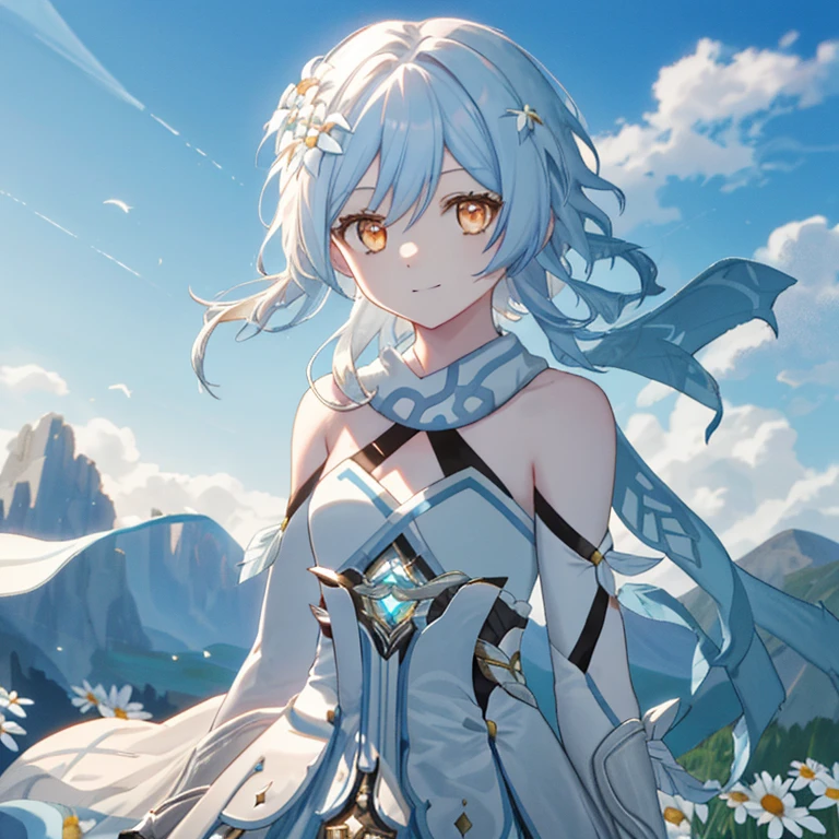 Luminedef， Upper body， smile， Make your face bright red， Exterior， Daisy Back Ground， blue sky， Long white hair， Sky Sky， cheese， View your viewers， stage， Moody Light，genre painting