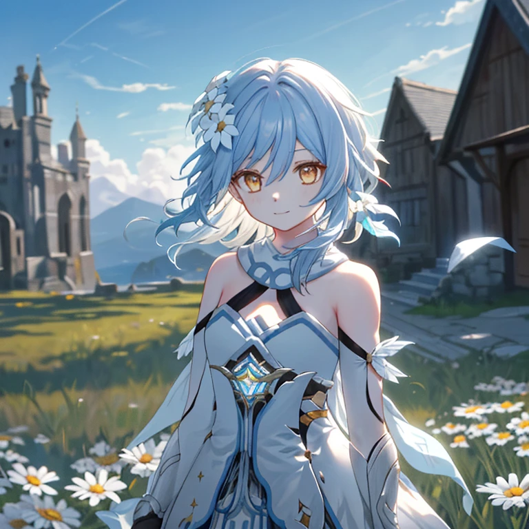 Luminedef， Upper body， smile， Make your face bright red， Exterior， Daisy Back Ground， blue sky， Long white hair， Sky Sky， cheese， View your viewers， stage， Moody Light，genre painting