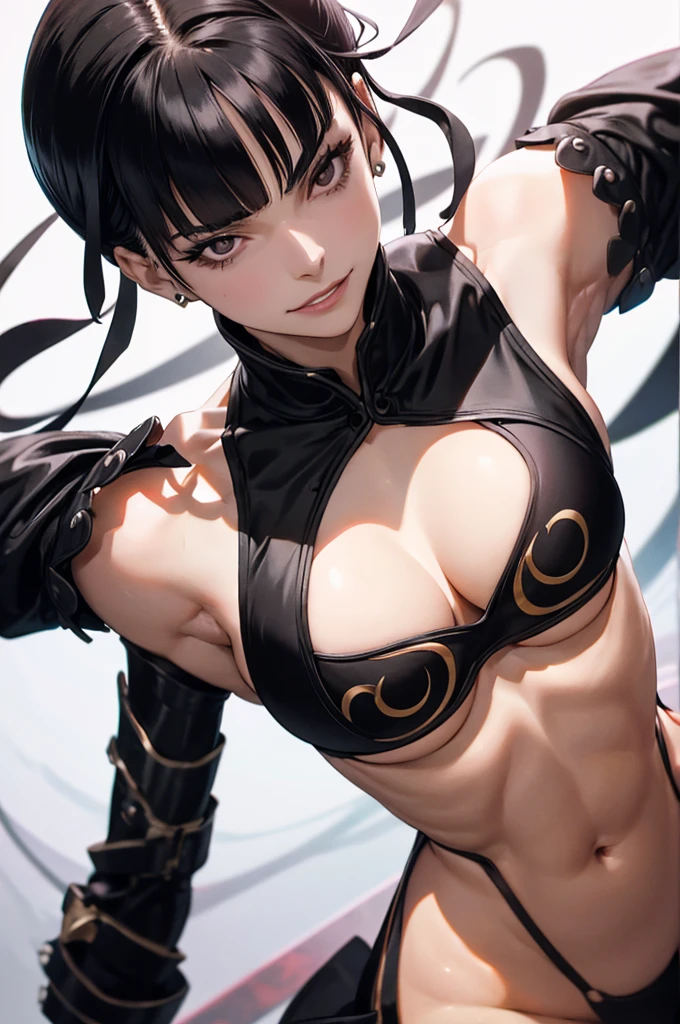 belo corpo,mulher jovem,short black hair , badass , colan,May,coxas torneadas,Evil Smile,juri han,chifres de cabelo,detalhes do corpo,low yellow lighting,raios de luz belo corpo detalhado
