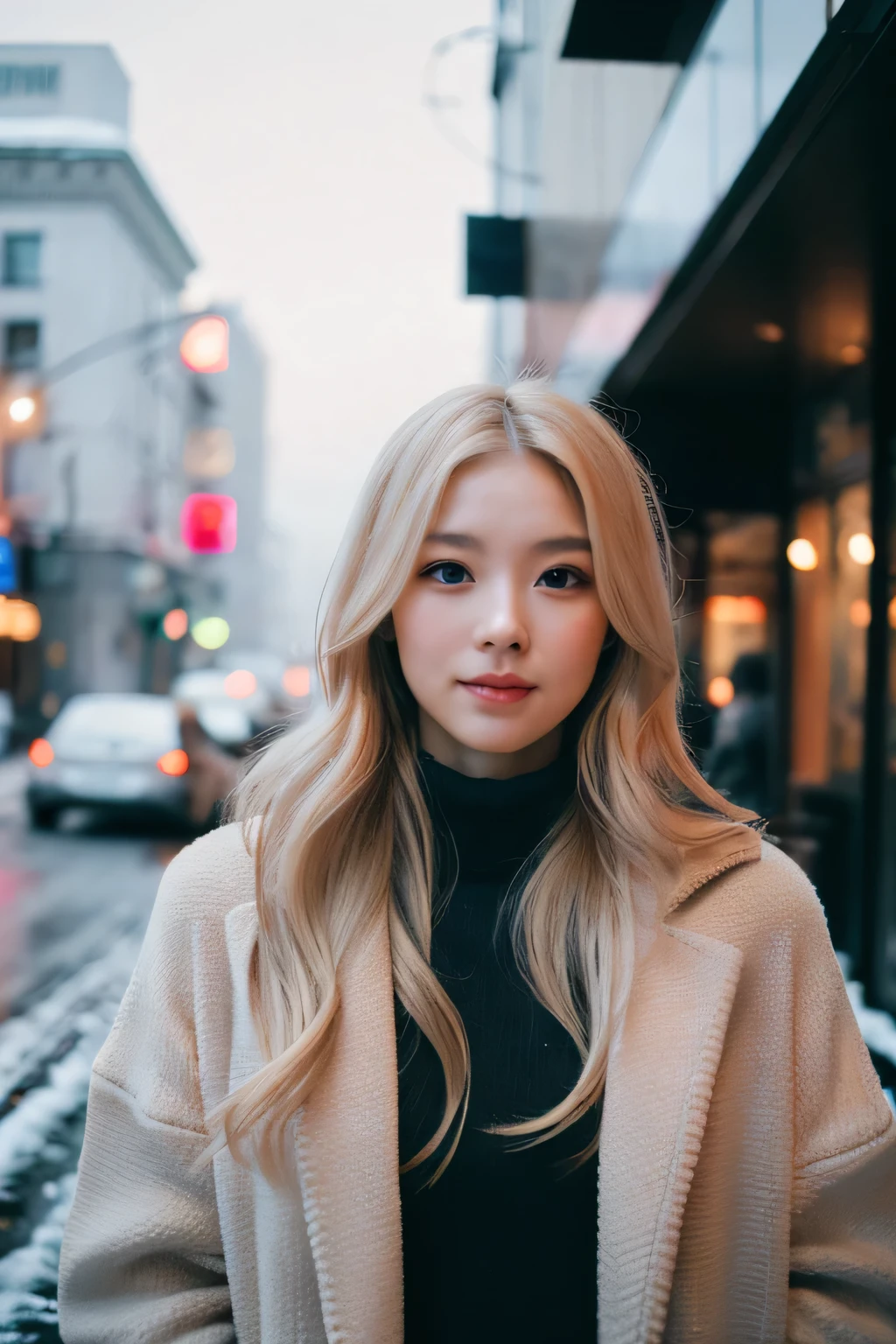professional portrait photograph of a gorgeous chinese girl in winter clothing with long wavy blonde hair, sultry flirty look, gorgeous symmetrical face, cute natural makeup, wearing elegant warm winter fashion clothing, ((standing outside in snowy city street)), stunning modern urban environment, ultra realistic, concept art, elegant, highly detailed, intricate, sharp focus, depth of field, f/1. 8, 85mm, medium shot, mid shot, (((professionally color graded))), bright soft diffused light, (volumetric fog), trending on instagram, hdr 4k, 8k