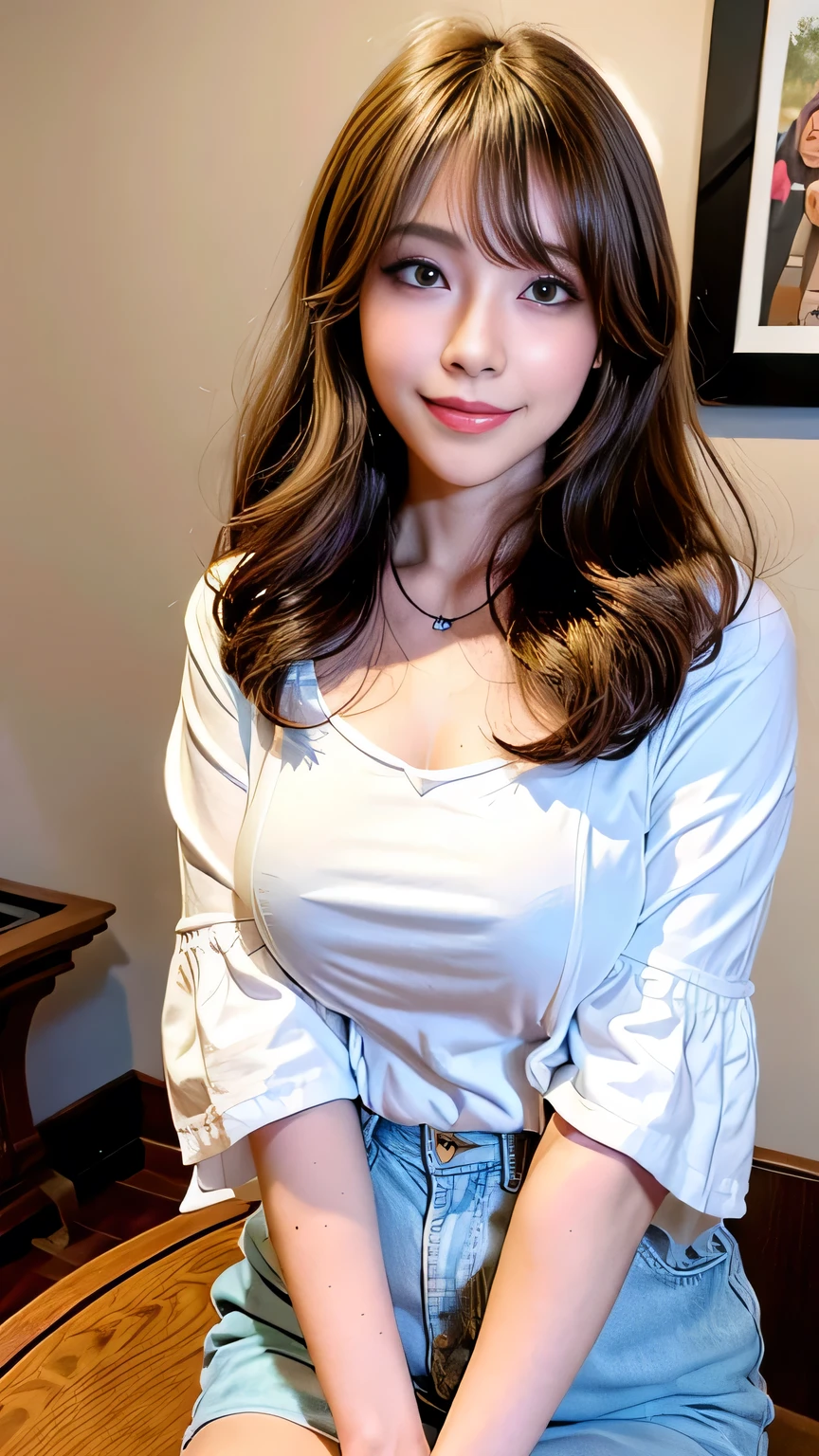 Full Body Angle、((highest quality, 8K, masterpiece: 1.3)), concentrated: 1.2, Cute girl 1,Nipples erect、 Perfect beauty: 1.4,Short sleeve blouse with round neck and frill design in cotton: 1.2,Long sleeve、Randall Color、comics&Text Graphics、Black ruffle-trimmed drawstring zip blouse,1.1, Highly detailed face and skin textures, Fine grain, double eyelid, whitening skin, ,highest quality,Ultra-high resolution,you,1 girl,alone,_Shiny_skin,Iris,necklace,((Brown_length_Wavy_hair)),(lips)),eyelash,Front hair,deal with,compensate,Shiny,pore,skin texture,Large Breasts、smiling face、Game room、