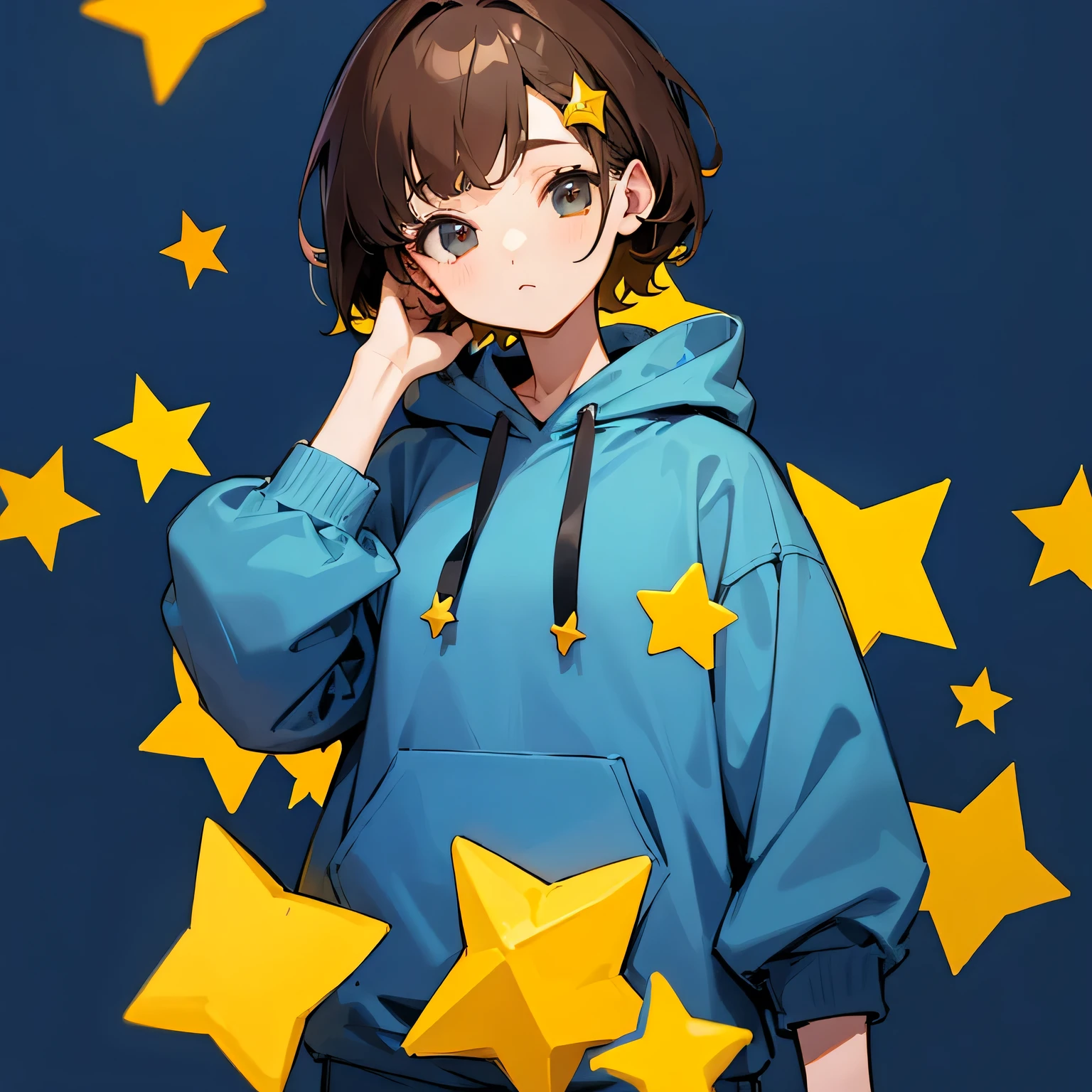 girl、Brown Hair、short hair、Dark blue hoodie、Yellow star hair clip、Yellow stars on a dark blue background