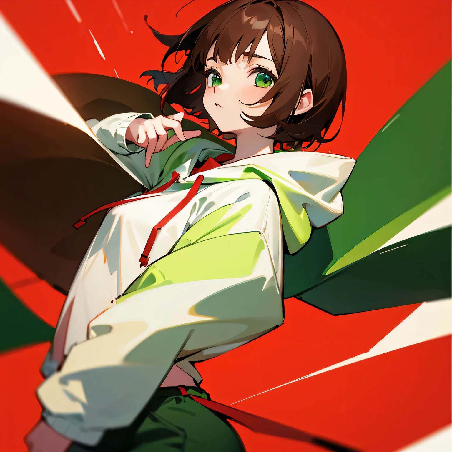 girl、Brown Hair、short hair、White, green and red hoodie、green and red background