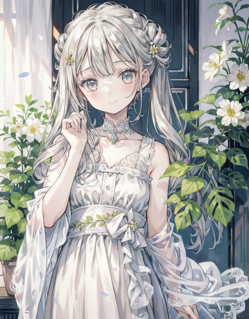 natural lighting, gentle smile, upturned cheeks, slightly shining silver gray hair, coquettish hair, half up do, silky luster, plants, flowers, spring ephemerals, 1girl, solo, flower design hair ornament ,