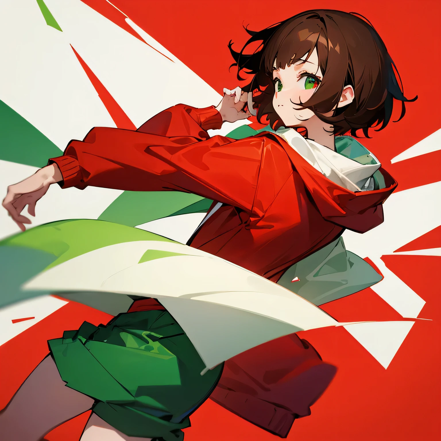 girl、Brown Hair、short hair、White, green and red hoodie、White and green and red background