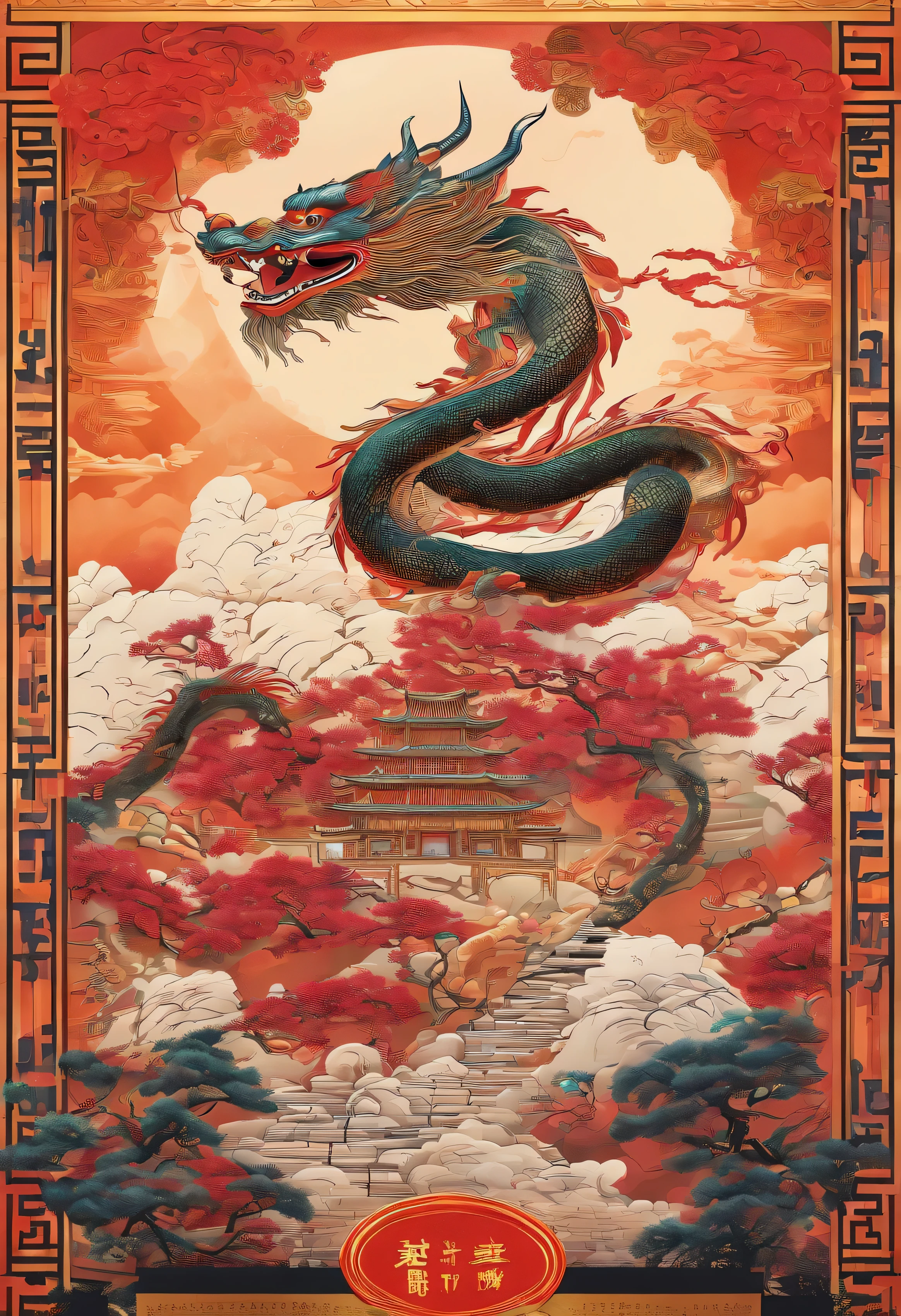 Chinese style elements,Oriental dragon image, Blessed by the dragon,The dragon is praying,Soaring skies, There are colorful lights everywhere, They were delighted, (High contrast), (The era of fantasy worlds), People are happily shopping, The atmosphere of the Spring Festival, (Ray tracing, Global illumination), (Masterpiece:1.4), (vibrant:1.2), Cinematic, iintricate,detail-rich, (Ultra-detailed CG unity 8k wallpaper)
