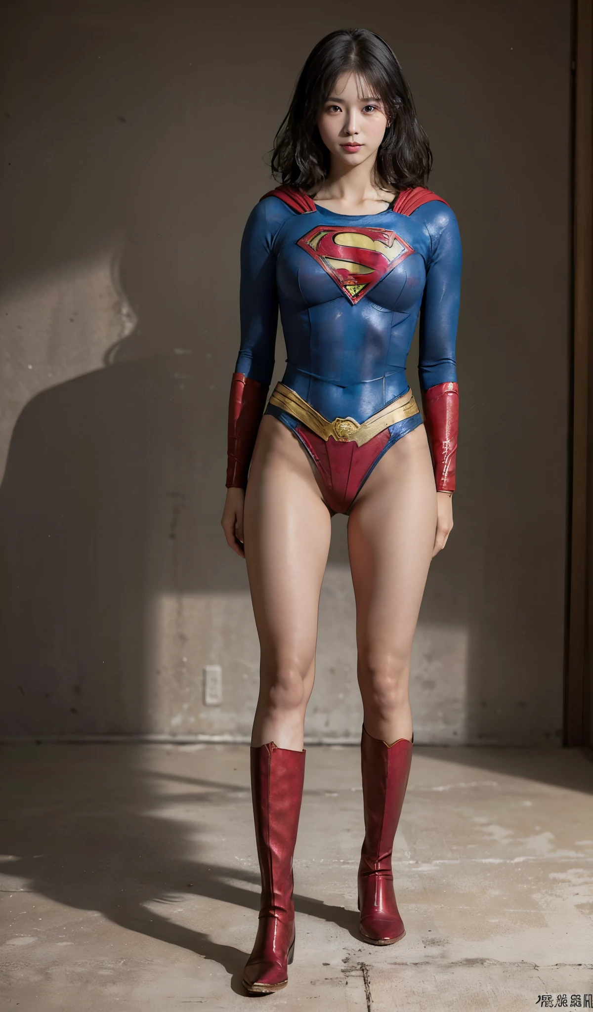 No background、(((Beautiful legs in black tights.)))、(((Legally express the beauty of your smile)))、((((Make the most of your original images)))、(((Supergirl Costume)))、(((Beautiful boyish short hairstyle)))、(((suffering)))、(((Please wear black tights....、Wear red boots)))、((Best image quality、8k))、((highest quality、8k、masterpiece:1.3))、(((Preserve background )))、Sharp focus:1.2、Beautiful woman with perfect figure:1.4、Slim Abs:1.2、Wet body:1.5、Highly detailed face and skin texture、8k