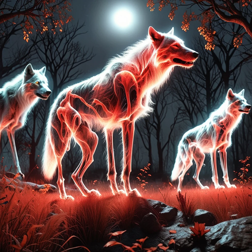 "(best quality, highres, realistic:1.37), ultra-detailed, vivid colors, HDR, night scene, eerie lighting, wolves, translucent red fur, translucent skeleton, pack of wolves, black skeleton, white glowing eyes, standing, howling"

Notice：The above tips are just examples，You can adjust and modify it according to the theme and personal preferences，The goal is to generate an accurate、Clear prompt，So that Stable Diffusion can generate high quality images。At the same time, ensure that the prompt length and the number of tags do not exceed the limit。