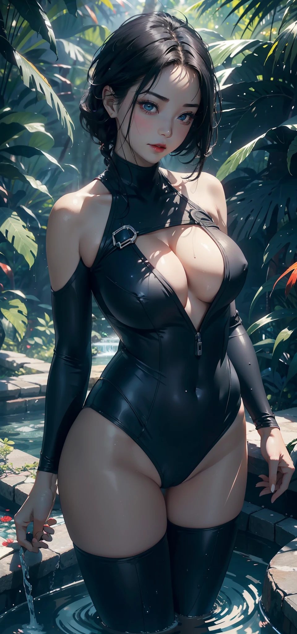1 female,Large Breasts(background:In the woods,Rainforest,In the summer,pool) She has short black hair,,Straight Hair,Red lips,Standing in the water,Front view, OK, Gloomy sky,(((masterpiece),(Highly detailed CG Unity 8k wallpaper),最OK质量,Light,详细background,beautiful eyes,(Very delicate and beautiful),(Beautiful and detailed description of the eyes),Ultra Detailed,masterpiece,)),face camera,high resolution,Ultra Detailed),Exposing breasts,Exposing genitals, Convex,Camel toe,Sexy bulge,Chinese Navy(wear:Wetsuit)