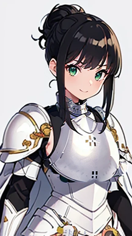 ((Masterpiece: 1.3)), ((Highest quality: 1.2)), ((Very detailed: 1.4)), One Girl, ((Black Hair: 1.1)), ((Updo: 1.1)), Hair Bun, ((White plate armor: 1.7)), (((Woman warrior))), Green Eyes, Smile, ((Simple Background: 1.1))., streaked hair, troll, character chart, tachi-e